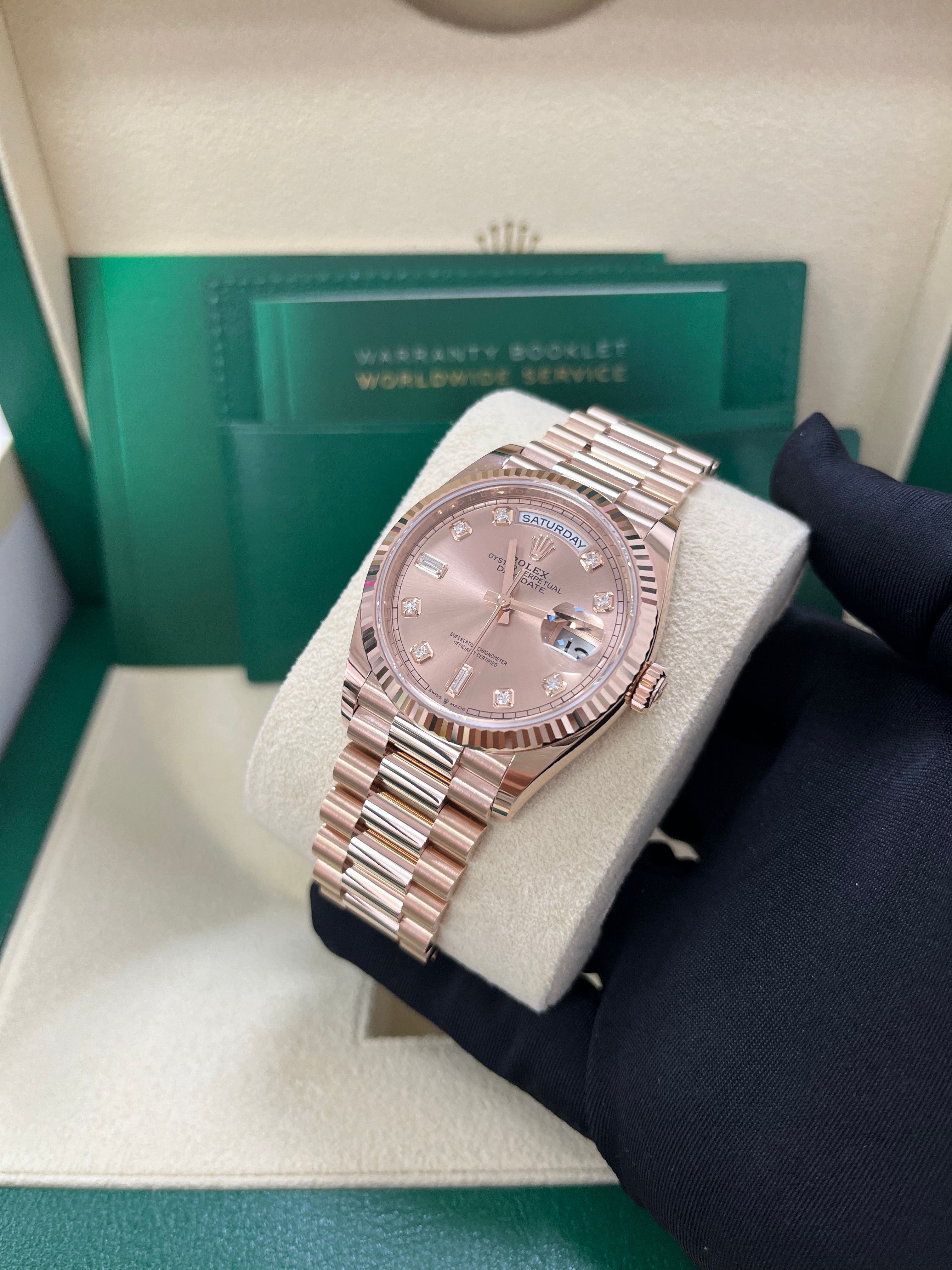 Rolex Day-Date 36 Everose Gold Watch - Fluted Bezel, Rose Diamond Dial, President Bracelet (Ref. 128235) | Luxury Dress Watch for Business & Formal Occasions