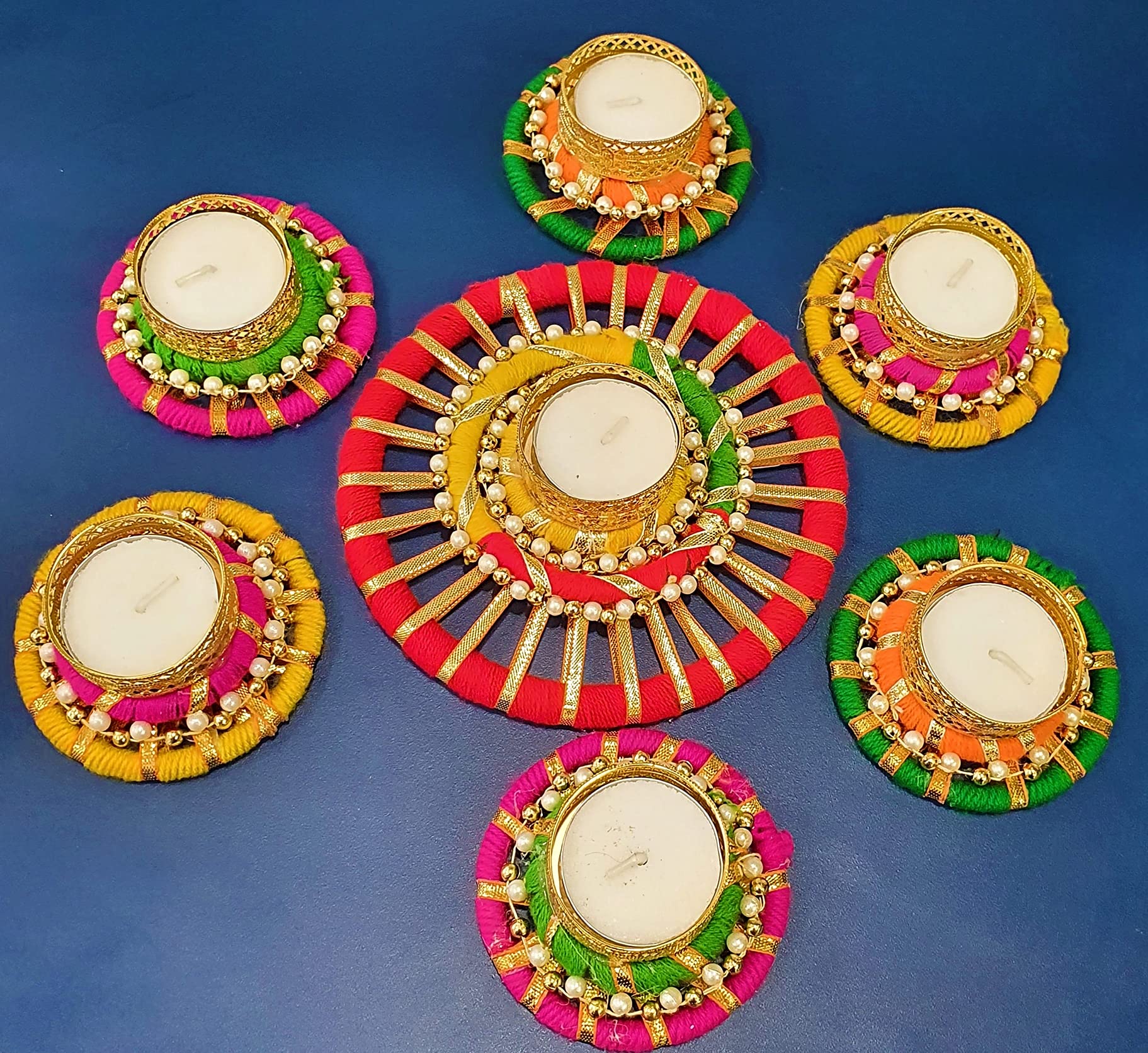 Handmade Tea Light Holders - Set of 7 Rangoli Candle Holders for Diwali, Onam & Pongal Decor | Traditional Indian Festival Diyas & Lights for Home, Wedding & Party Decorations