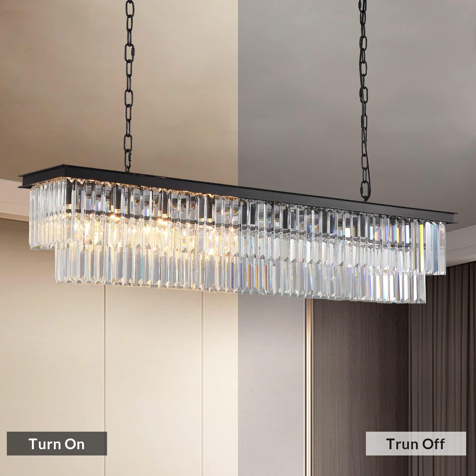 NOXARTE Modern Rectangular Crystal Chandelier - 8-Light Black Pendant Fixture for Dining Room, Kitchen Island, Bar & Living Room (47 Inch) - Elegant Lighting for Home Decor & Interior Design