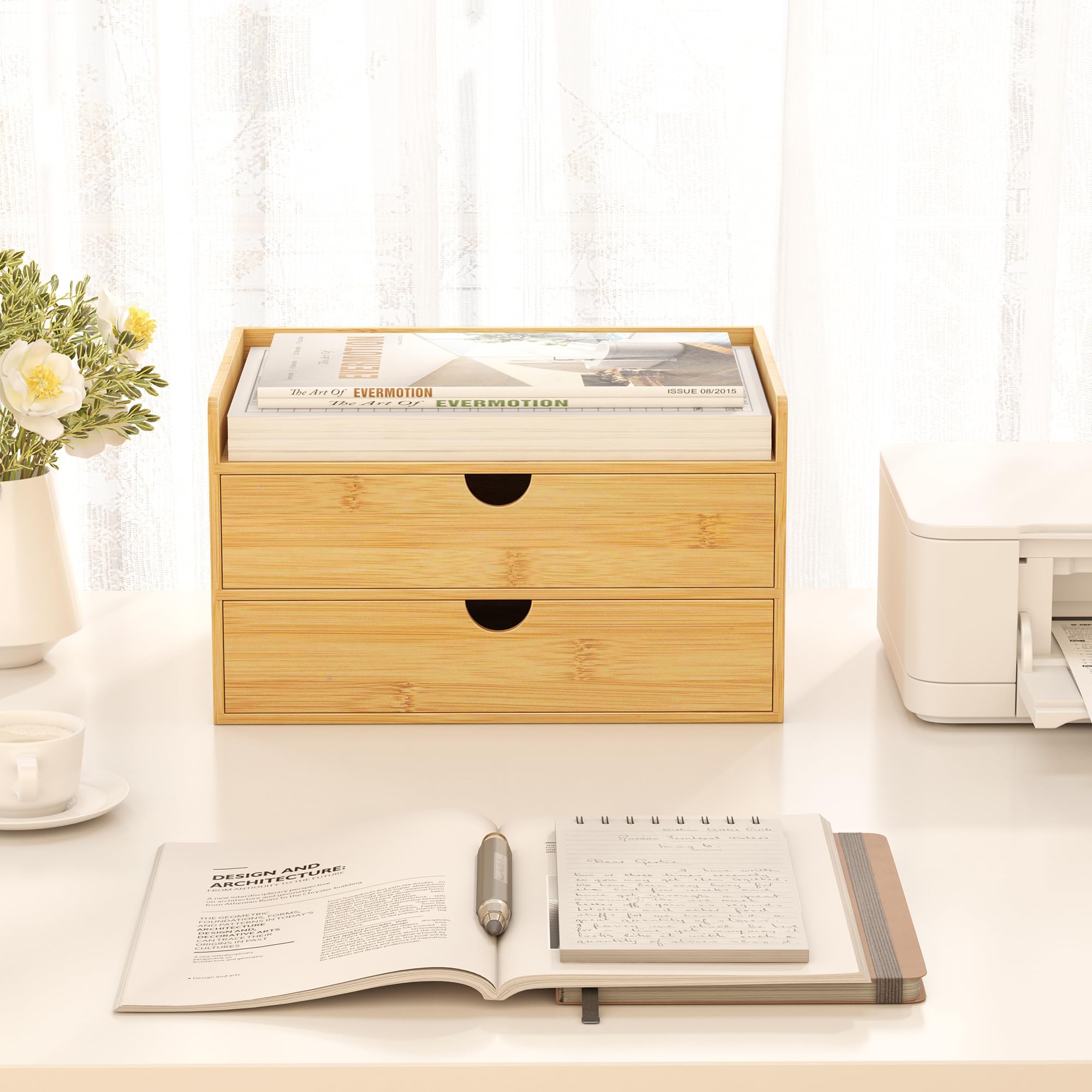 Wisuce Bamboo 2-Drawer Desk Organizer - No Assembly Required, Tabletop Storage Box for Office, Home, Vanity & Toiletries Supplies | Perfect for Desk Organization, Bathroom Storage & Makeup Accessories