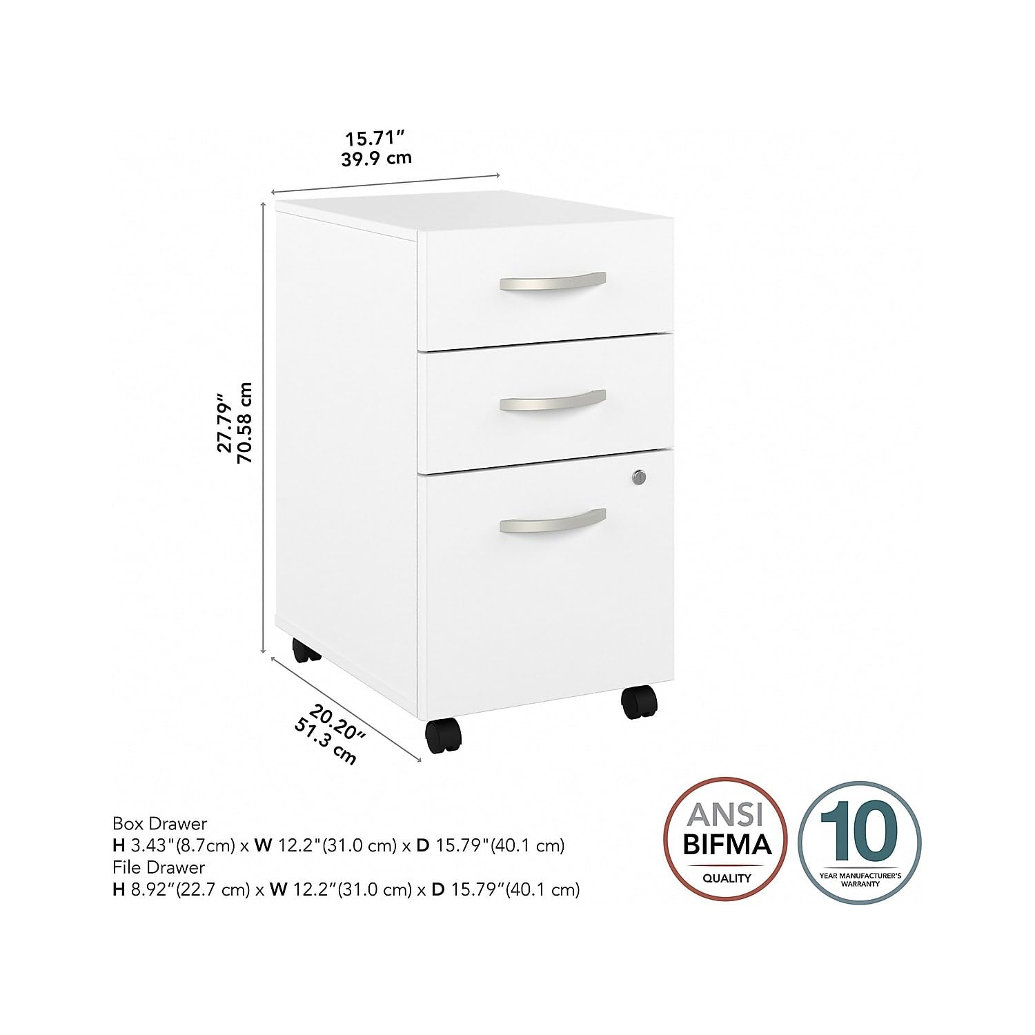 Bush Business Furniture Hybrid 3-Drawer Mobile File Cabinet - White, Assembled for Office Storage & Organization | Perfect for Home Office, Corporate Workspace & Document Filing