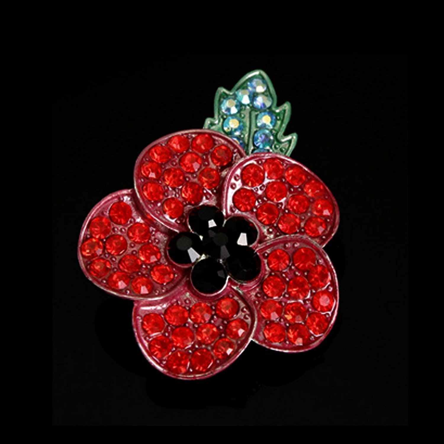 Elegant Red Poppy Brooch Pin - Diamond Crystal Flower Lapel Badge for Remembrance Day, Banquet & Formal Events - Black Plated with Green Leaves - Perfect Gift for Veterans & Memorial Occasions