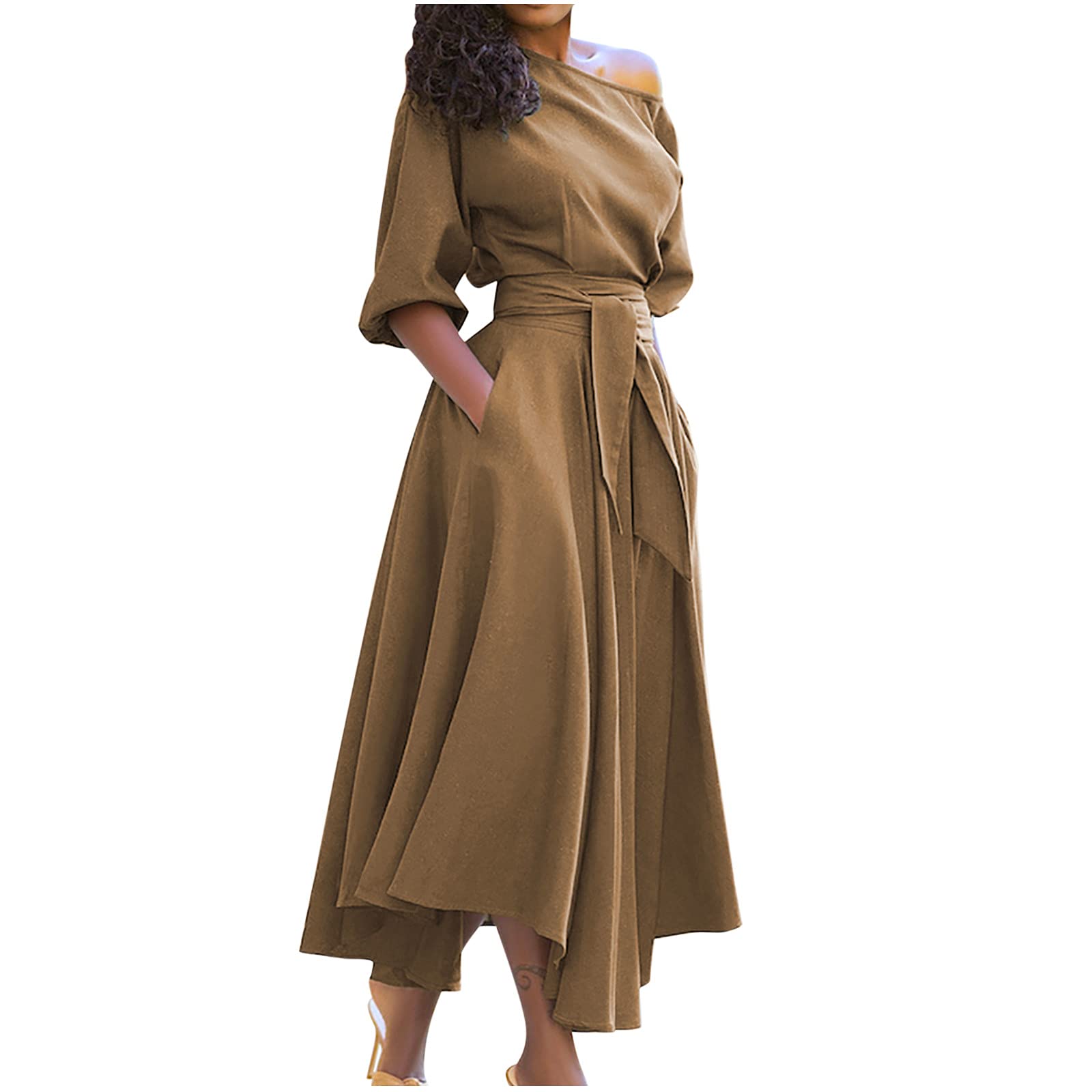 Elegant Women's Off Shoulder Maxi Dress with Belt - Summer A-Line Skirt Dress, Casual Irregular Hem for Beach, Party & Vacation