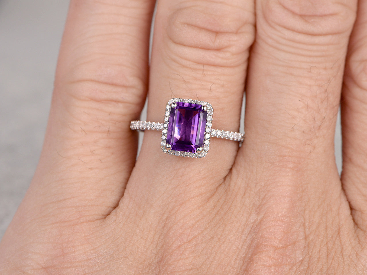Natural 6x8mm Emerald Cut Amethyst Engagement Ring - 14k White Gold Halo Prong Set with Diamonds | Elegant Wedding Band for Brides, Anniversary Gift & Romantic Proposal Jewelry