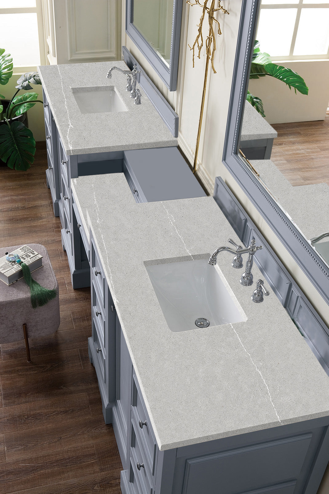 De Soto 118 Double Vanity Set with Makeup Table - Silver Gray Finish & 3CM Eternal Serena Quartz Top | Modern Bathroom Vanity for Master Suite & Guest Bathroom