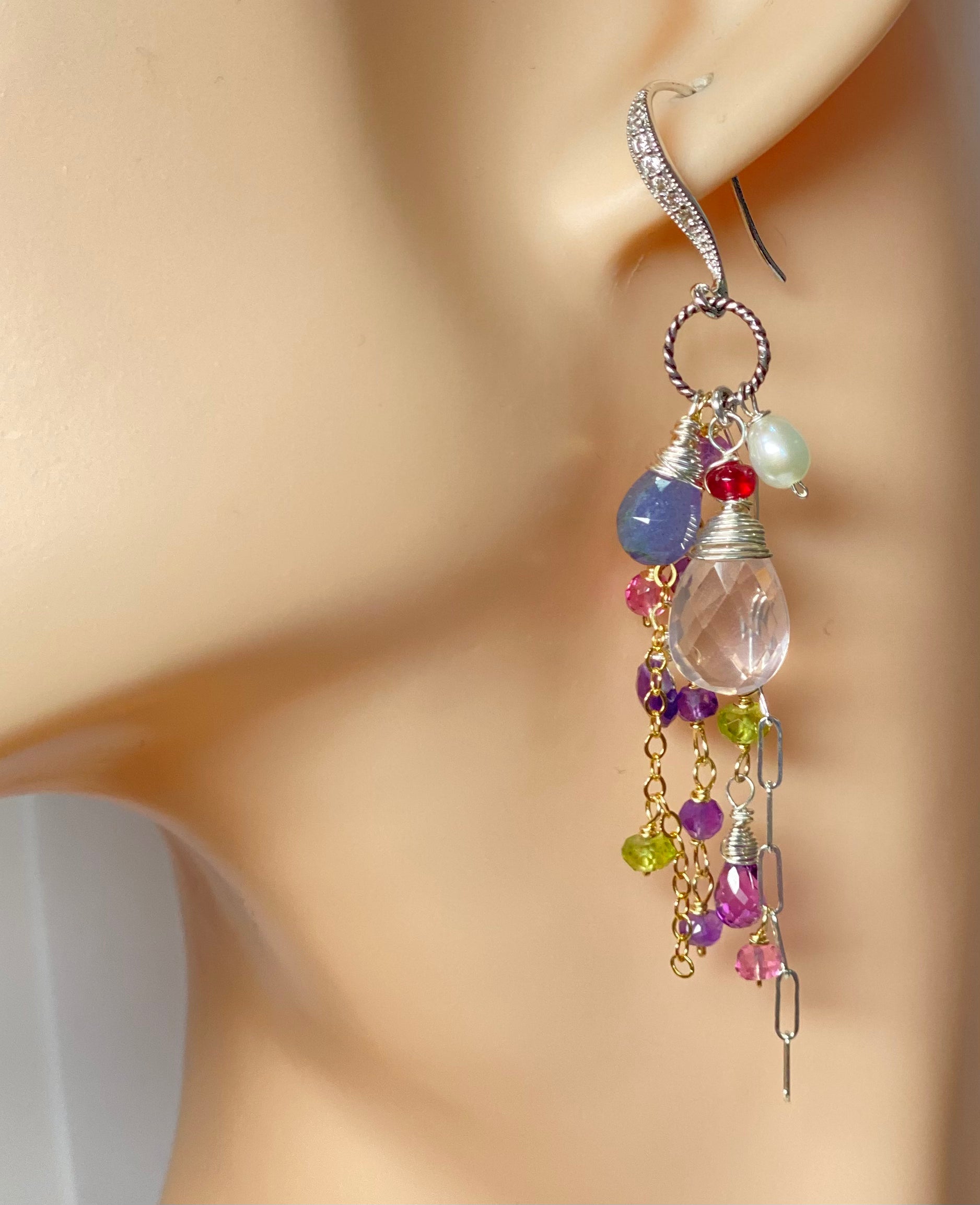 Rose Quartz Multi Gem Dangle Earrings with Tanzanite & Violet Stones in Sterling Silver - Elegant Jewelry for Women, Perfect for Parties, Weddings & Special Occasions