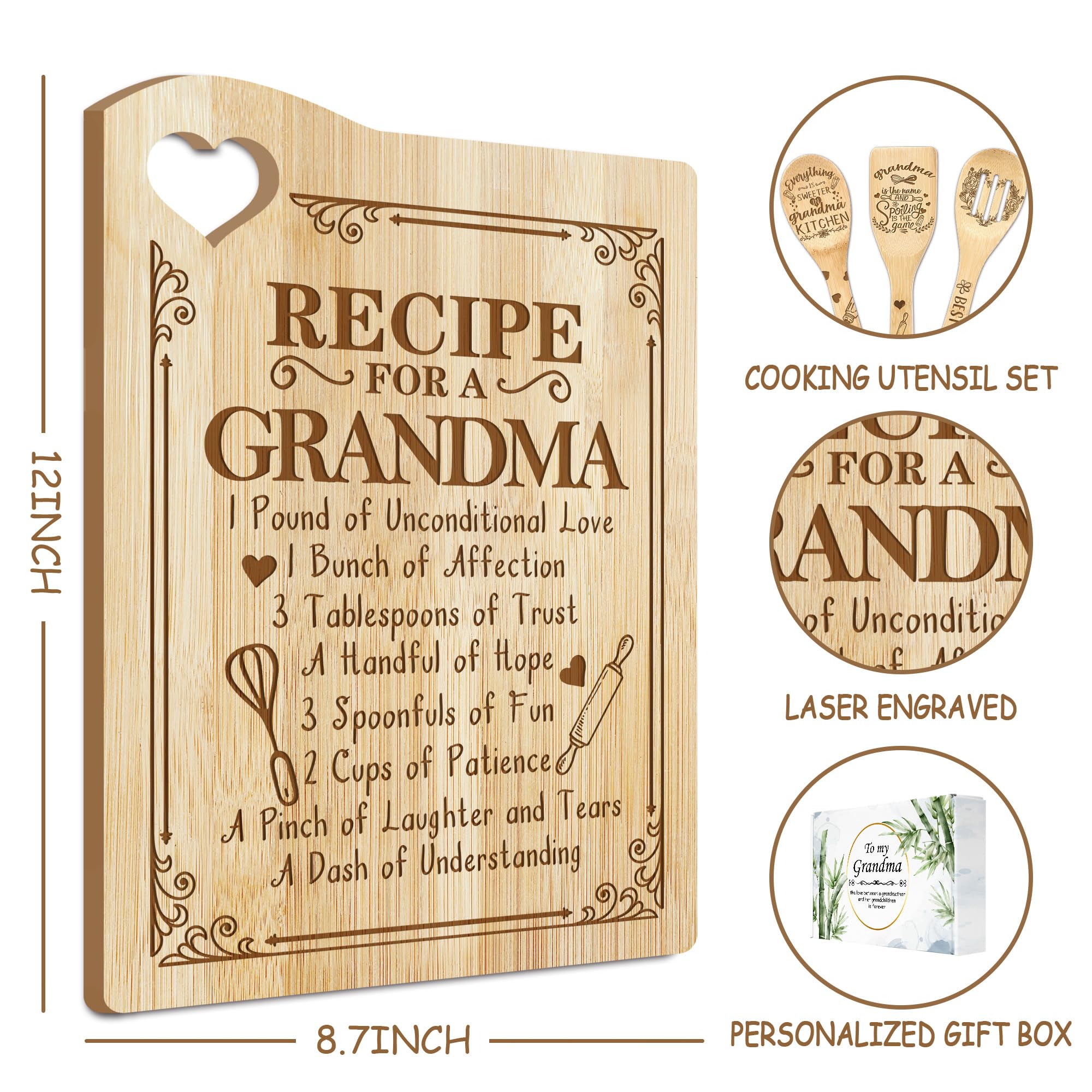 Personalized Wooden Cutting Board for Grandma - Mother's Day Gift from Grandkids | Engraved Kitchen Utensil Set with Heartwarming Message | Perfect for Cooking, Baking & Family Gatherings