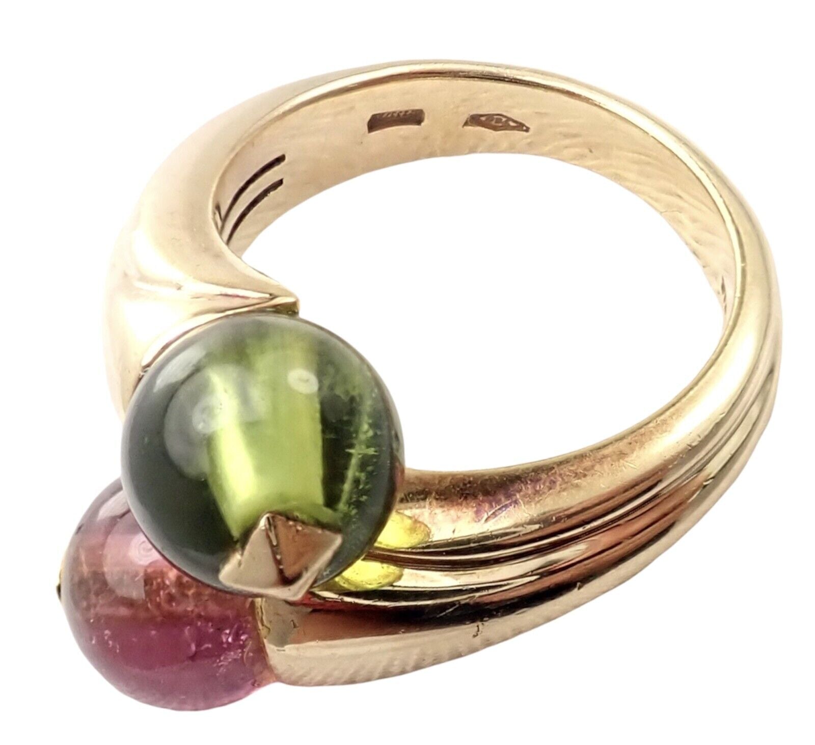 Vintage Bulgari Bvlgari 18k Yellow Gold Pink & Green Tourmaline Bypass Ring - Luxury Jewelry for Women, Elegant Gift for Anniversary & Special Occasions