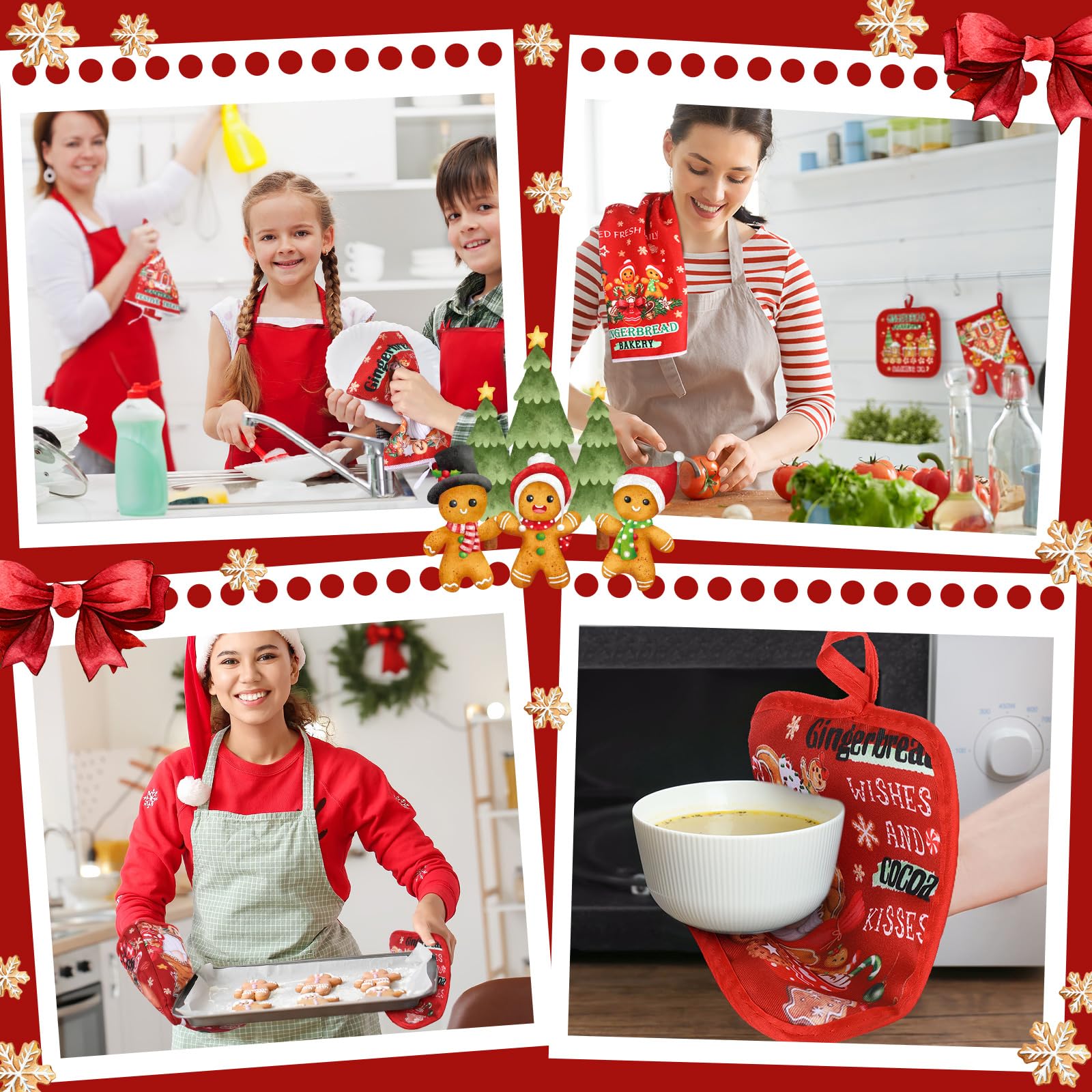 12-Piece Christmas Kitchen Set - 4 Gingerbread Man Dish Towels, 4 Gingerbread House Oven Mitts & 4 Candy Pot Holders for Holiday Cooking, Baking & Festive Home Decor | Perfect for Christmas Dinner, Cookie Baking & Kitchen Gifts
