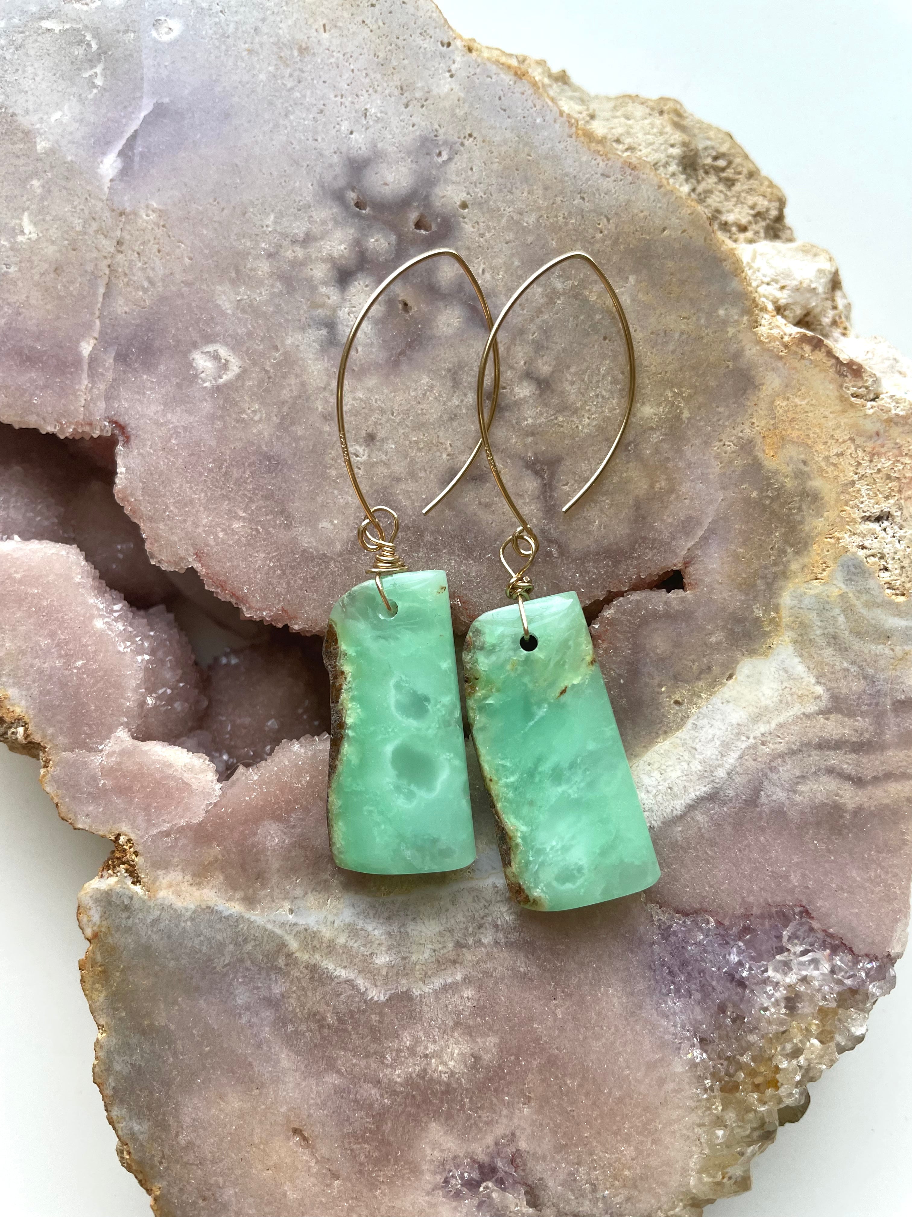 Green Chrysoprase Gold Filled Statement Crystal Gemstone Earrings for Women | Elegant Dangle Drop Earrings for Party, Wedding & Special Occasions