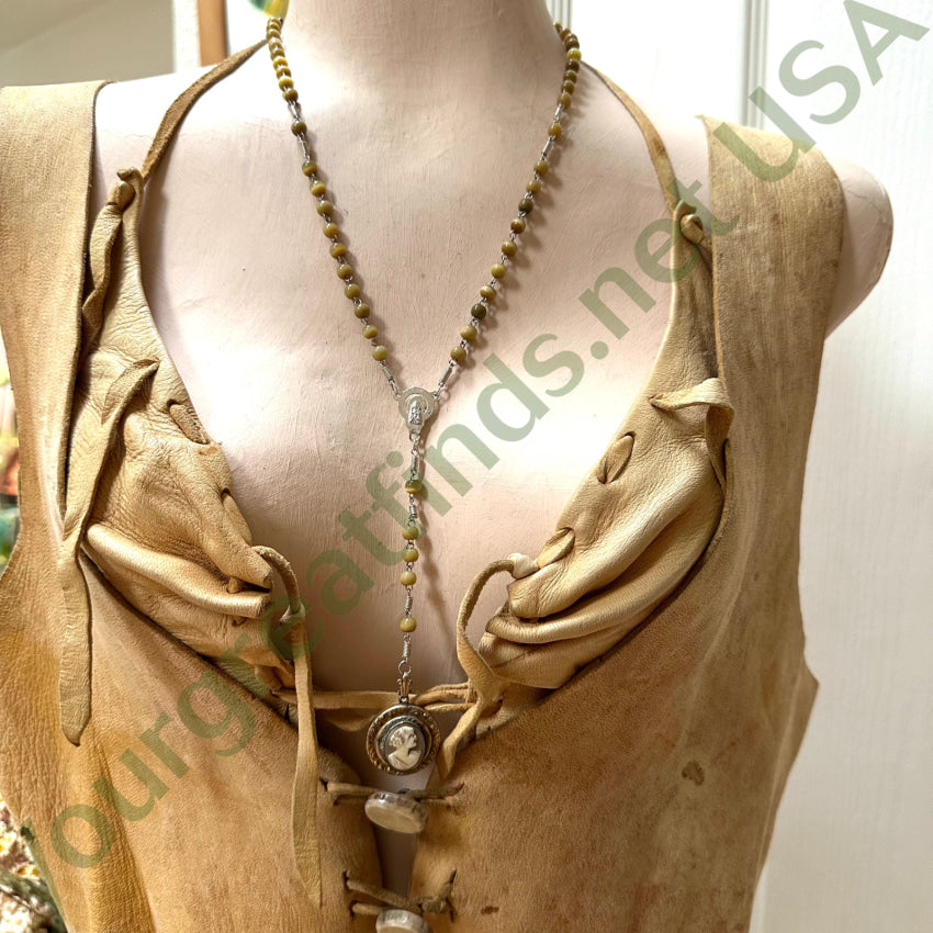 Vintage Beaded Carved Shell Cameo Rosary Necklace - Elegant Religious Jewelry for Women, Perfect for Church, Weddings & Special Occasions