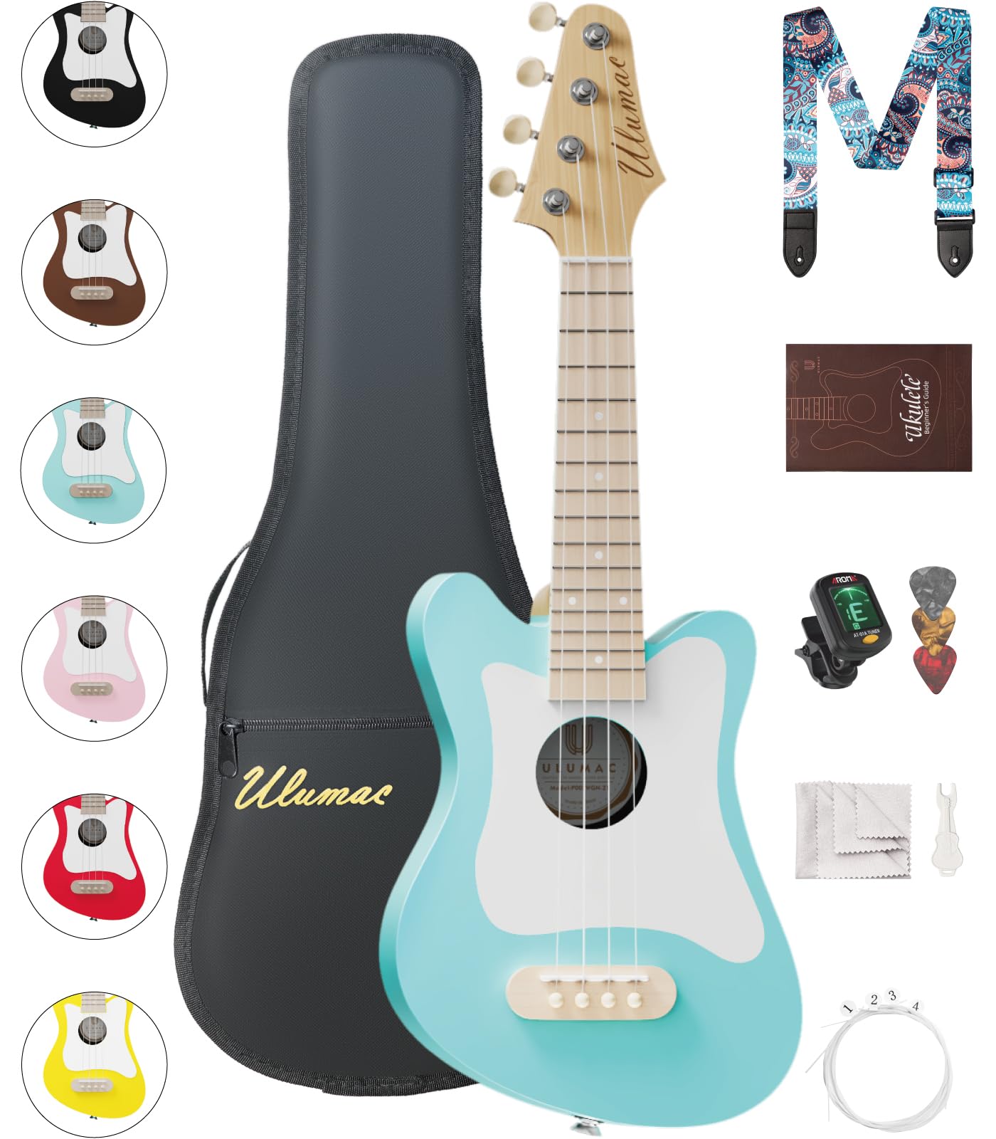 Soprano Ukulele Beginner Kit - 21.5 Inch Spruce Wood Ukelele with White Pickguard, Mint Green | Includes Gig Bag, Digital Tuner, Replacement Strings, 3 Picks, Strap & Cleaning Cloth | Perfect for Beginners, Travel, Beach & Home Practice
