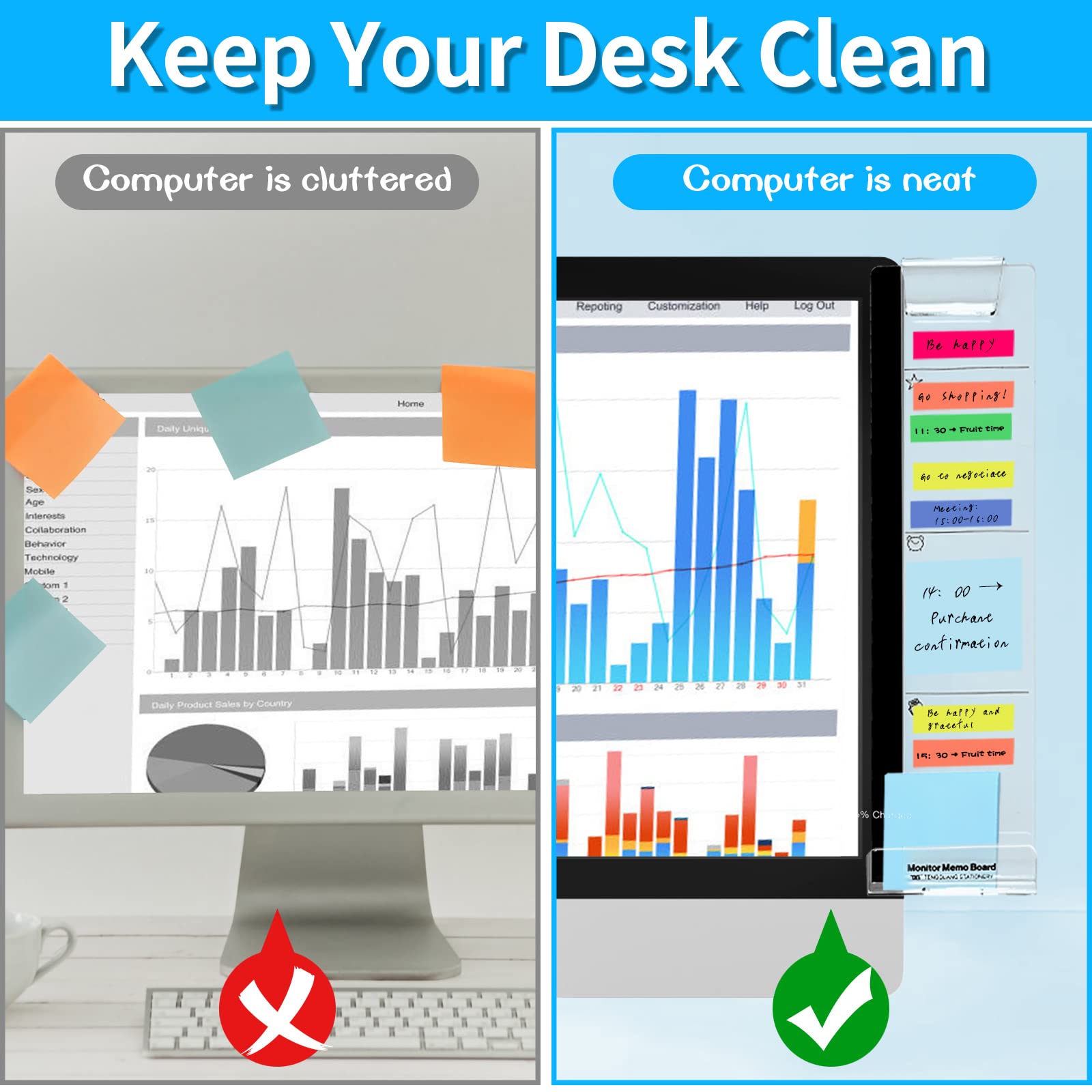 2-Pack Acrylic Monitor Memo Board with Sticky Notes - Multifunctional Computer Screen Note Holder for Office Desk Organization - Perfect for Meetings, Reminders & Task Management