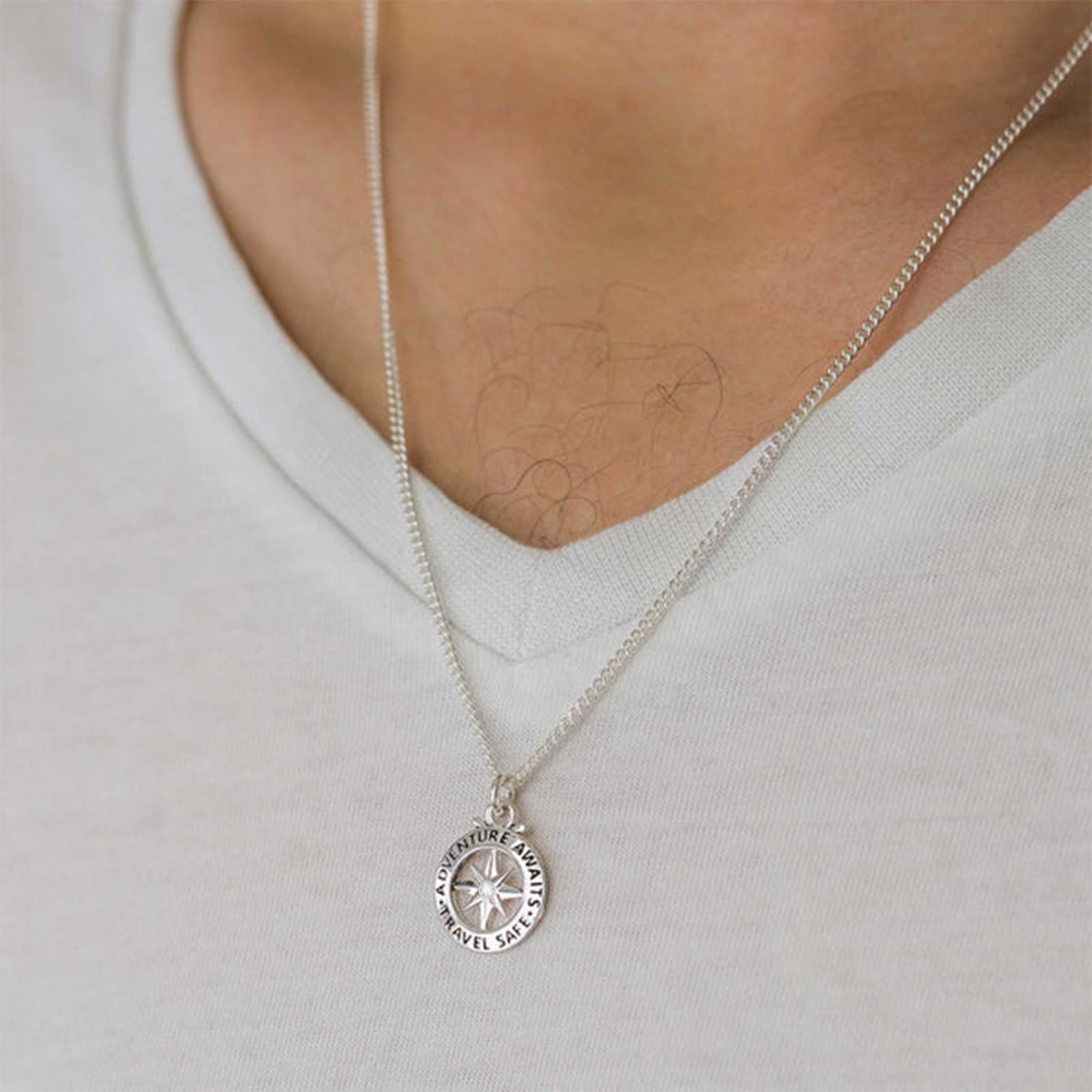YDD 14k White Gold Plated 925 Sterling Silver Compass Necklace for Men & Women - Diamond Accent Travel Jewelry - Perfect Graduation & Christmas Gift (18+2'') - Ideal for Outdoor Adventures, Travel Enthusiasts & Special Occasions