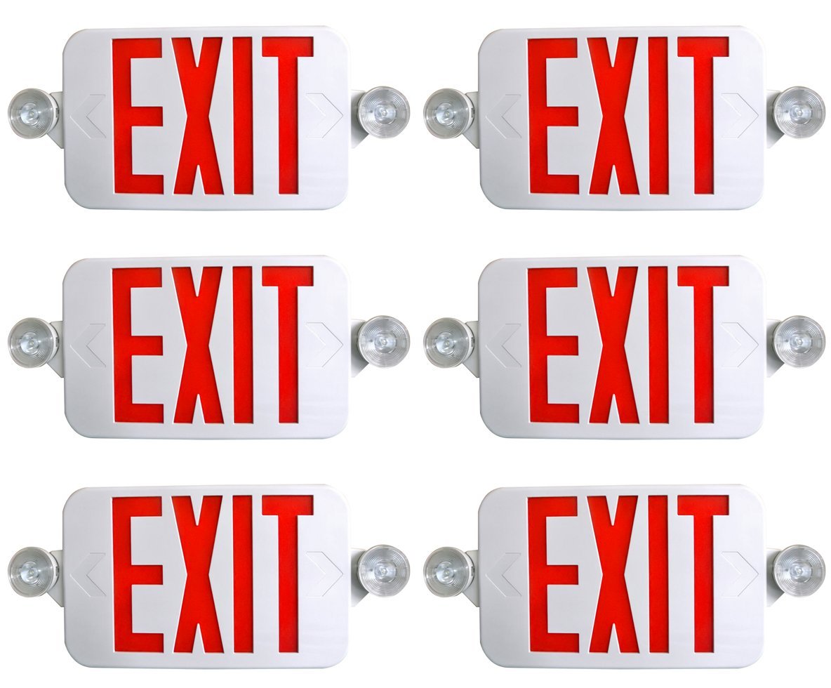 6 Pack LED Exit Sign with Emergency Light Combo - Battery Backup, Red/White - Perfect for Commercial Buildings, Warehouses & Emergency Exits