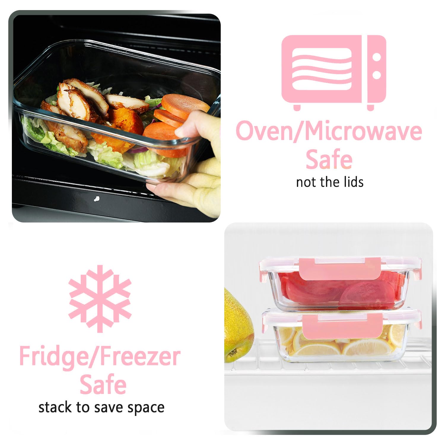 10-Pack Glass Meal Prep Containers with Snap Locking Lids - Airtight Food Storage Containers for Lunch, Microwave, Oven, Freezer & Dishwasher Safe (Pink) - Perfect for Meal Prepping, Office Lunch & Leftovers Storage