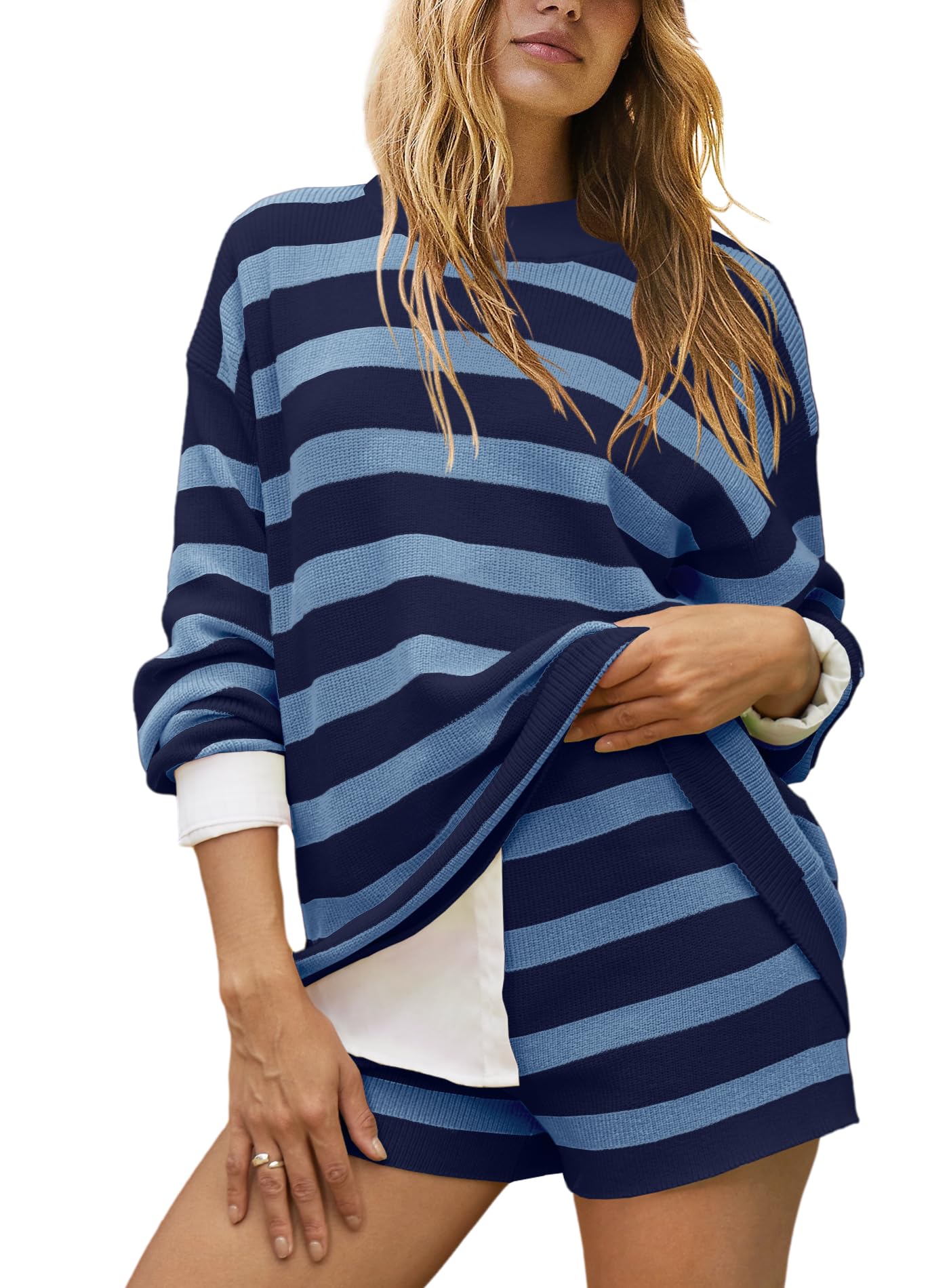 Yanekop Women's Striped Sweater & Shorts Lounge Set - Oversized 2 Piece Pajama Set with Long Sleeve Tunic - Cozy Matching Outfit for Home, Sleepwear & Loungewear