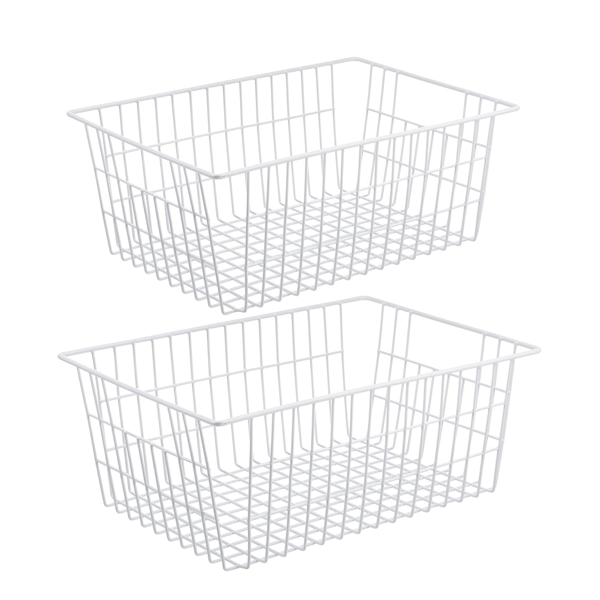 Redrubbit Wire Storage Baskets - Set of 2 Large Farmhouse Metal Freezer Basket Organizers with Handles for Kitchen, Pantry, Closet, Bedroom & Bathroom Organization - Perfect for Storing Fruits, Vegetables, Toys & Household Items (White)