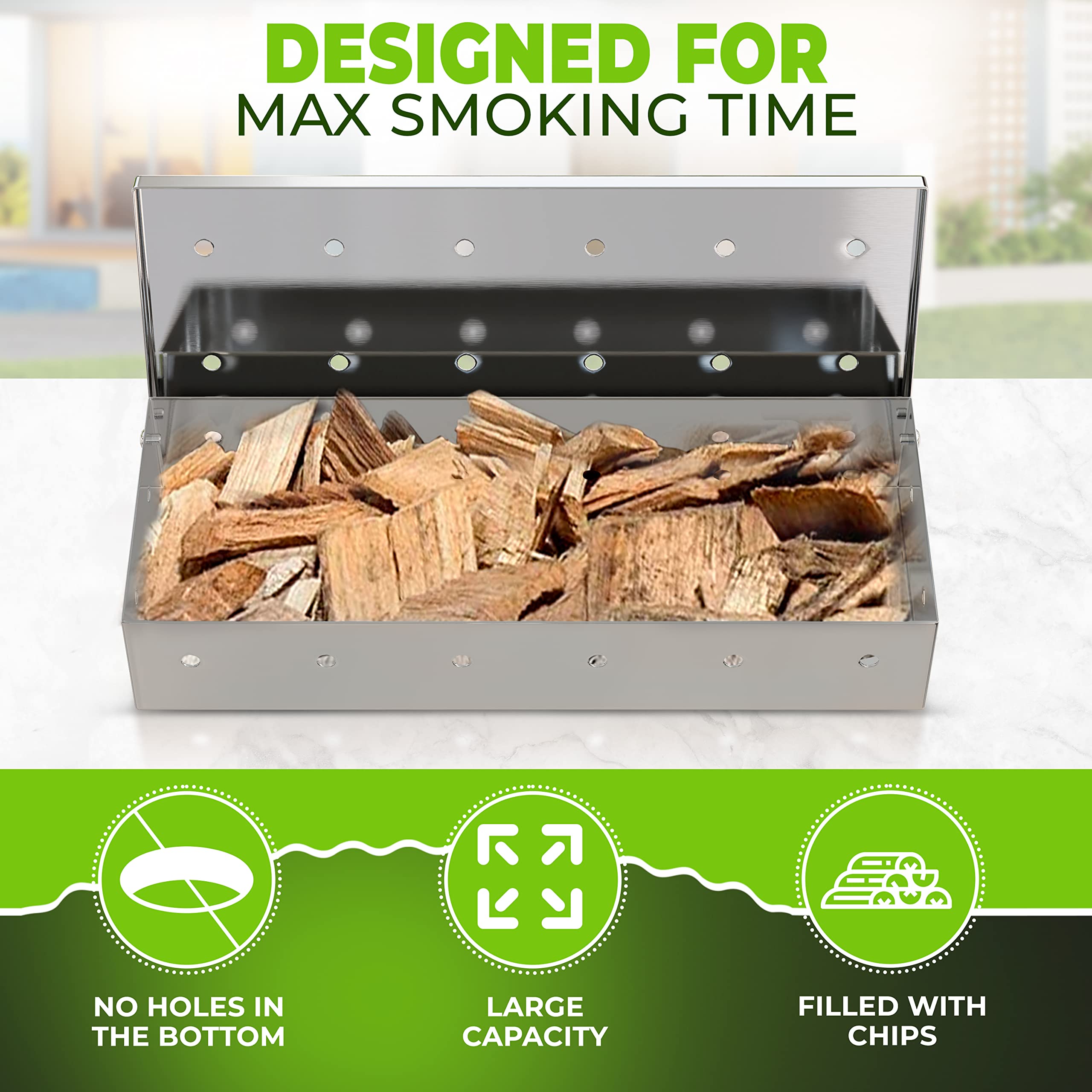 Premium Smoker Box for Gas Grill - Pre-Filled with Apple Wood Chips for Rich Smoky Flavor - Compatible with Propane & Pellet Grills - Perfect for BBQ, Grilling, and Smoking Meats at Backyard Parties and Camping Trips