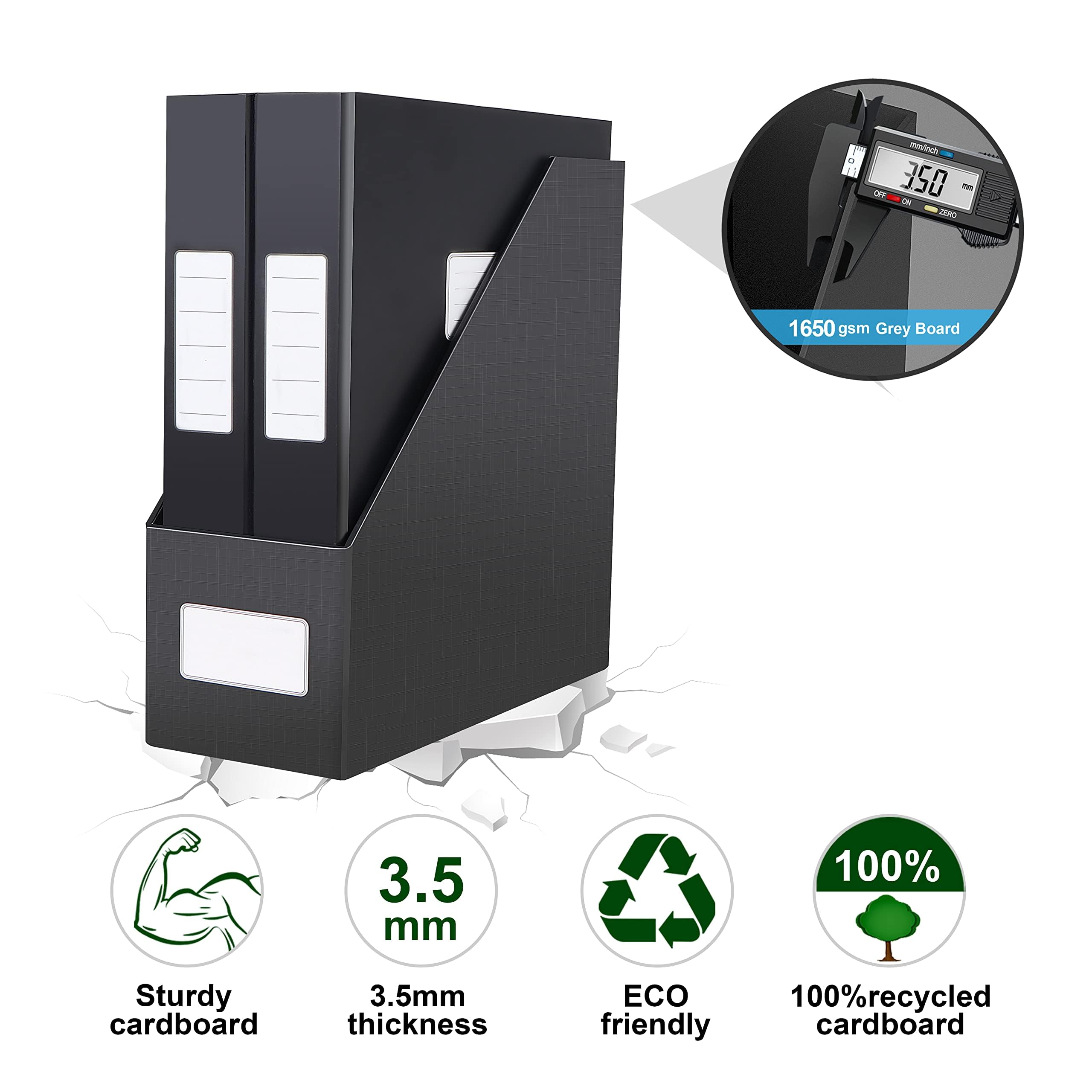 JiaWei Black Magazine File Holders - 3 Pack Sturdy Cardboard File Organizer for Office & Classroom | Desktop Storage Box, Folder Rack for Shelves & Desk | Perfect for Document Organization, School Supplies & Workspace Decluttering