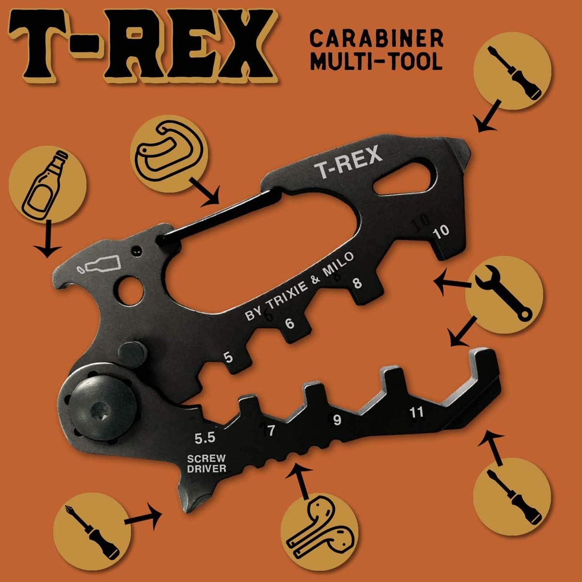 Trixie & Milo T-Rex Carabiner Multitool - Keychain Bottle Opener with Screwdriver for Men | Durable Travel & EDC Accessory | Perfect for Camping, Hiking, Outdoor Adventures & Everyday Carry