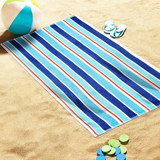 Ocean Stripe Oversized Cotton 2 Piece Beach Towel Set - Soft & Absorbent Bath Towels for Pool, Beach, Gym & Spa - Quick Dry & Lightweight for Travel & Vacation