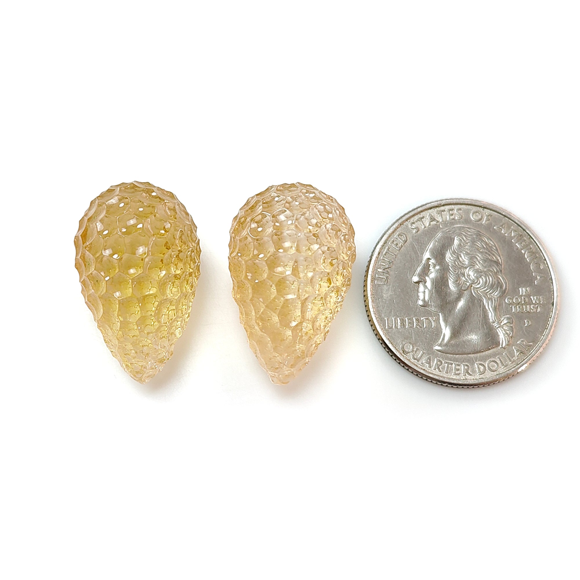 Natural Untreated Yellow Citrine Gemstone Carving - 61.70cts Hand Carved Teardrop Shape Pair (24mm) | November Birthstone Jewelry | Perfect for Necklace Pendants, Earrings & Gift Giving