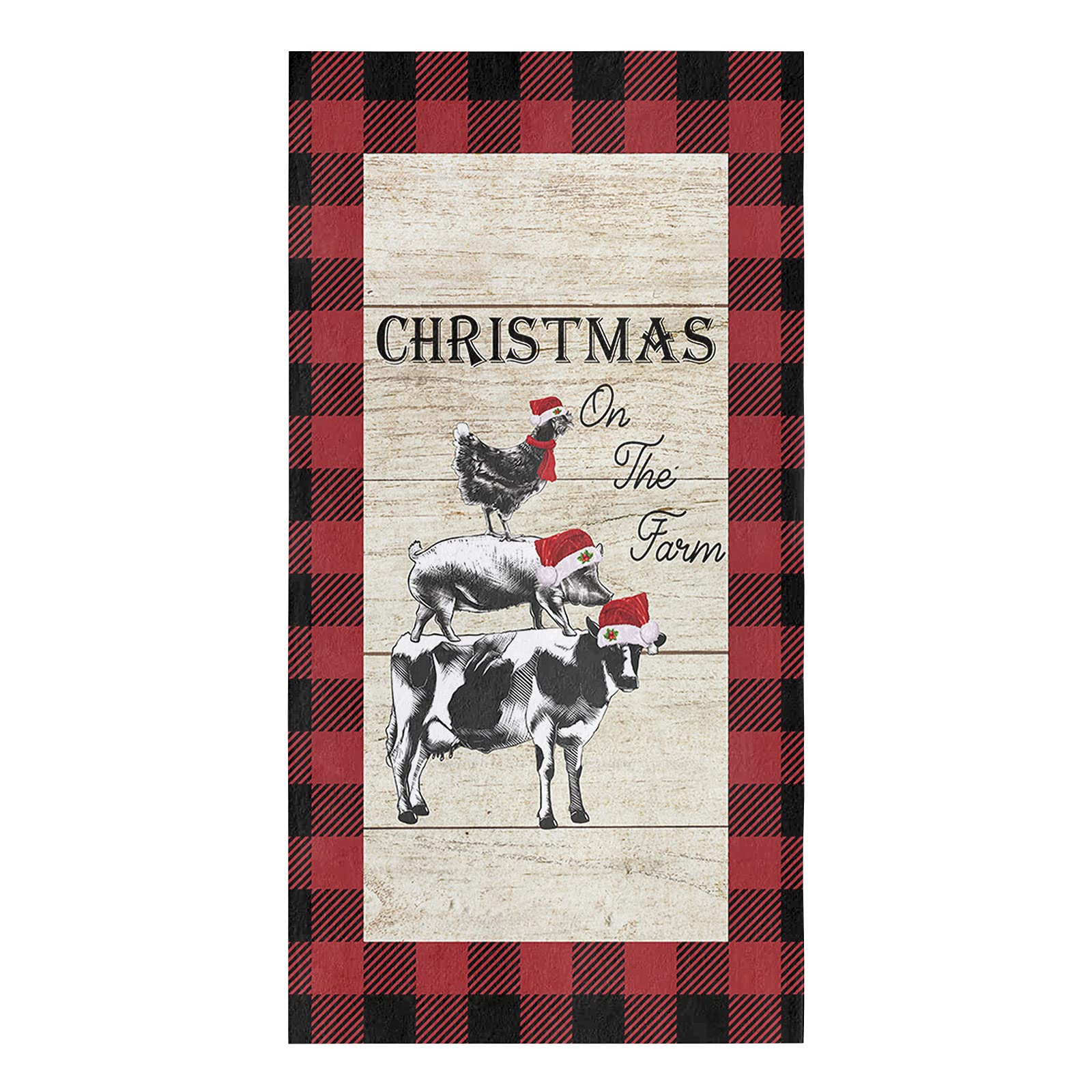 Super Absorbent Microfiber Kitchen Dish Towels 1 Pack - Soft Christmas Farm Animal Design with Red Plaid & Holiday Hats | Multipurpose Cleaning Cloths for Dishes, Hand Drying, Tea Towels in Kitchen, Bathroom & Bar Decor