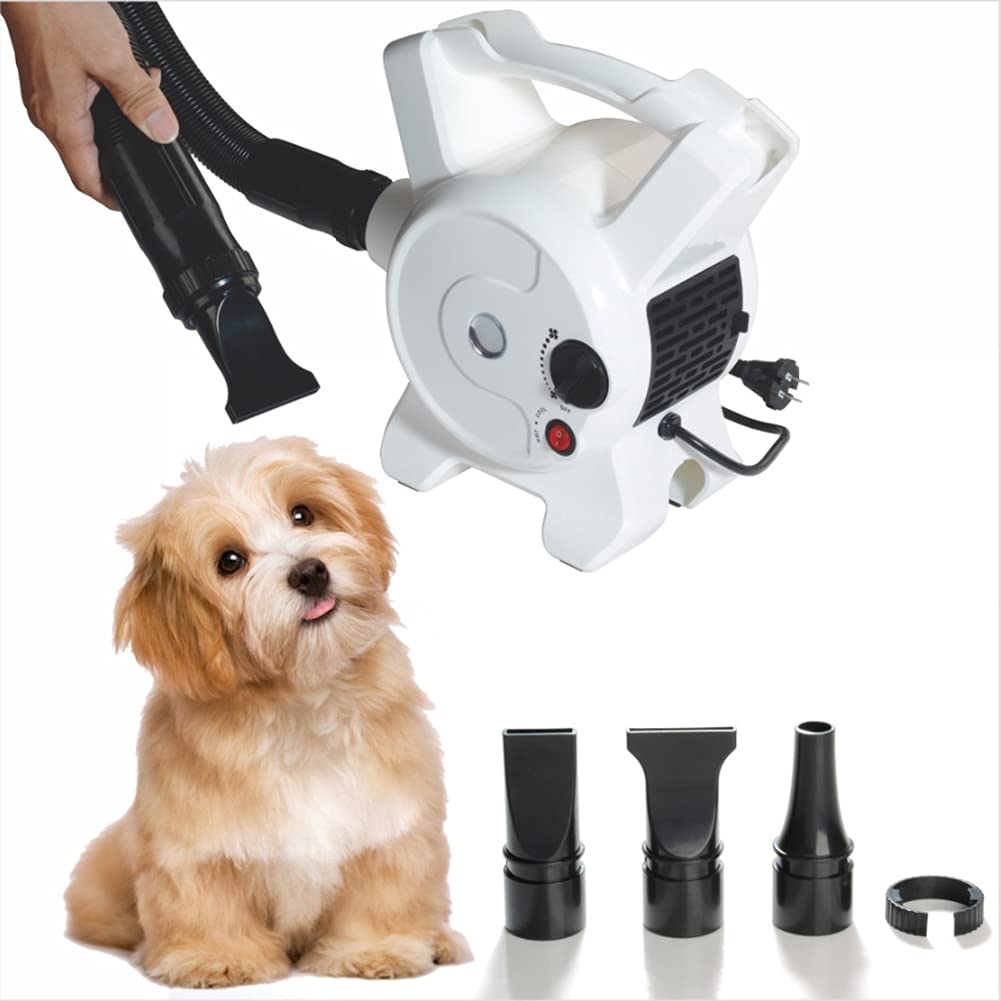 220V High Velocity Pet Grooming Dryer Blower - Stepless Speed Adjustable Dog & Cat Hair Dryer with 3 Nozzles - White - Perfect for Professional Grooming Salons, Pet Shops & Home Use