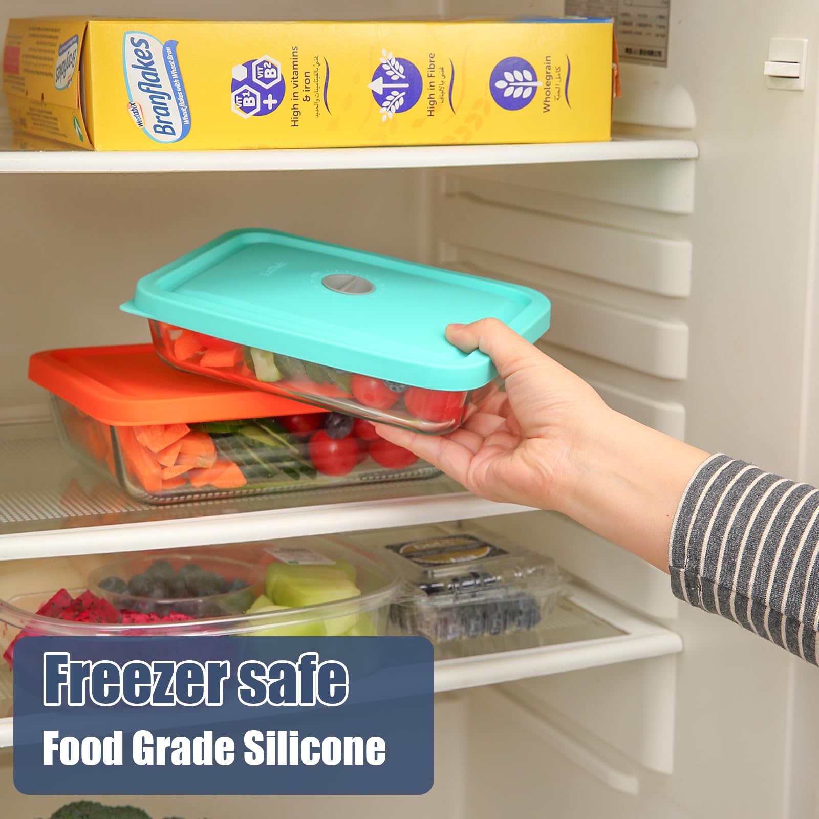 Pyrex 7211-PC 6 Cup Rectangle Replacement Lids - 2 Pack Silicone Storage Cover Lids with Date Mark for Glass Bowls (Dark Blue) - Perfect for Meal Prep, Leftovers & Refrigerator Storage