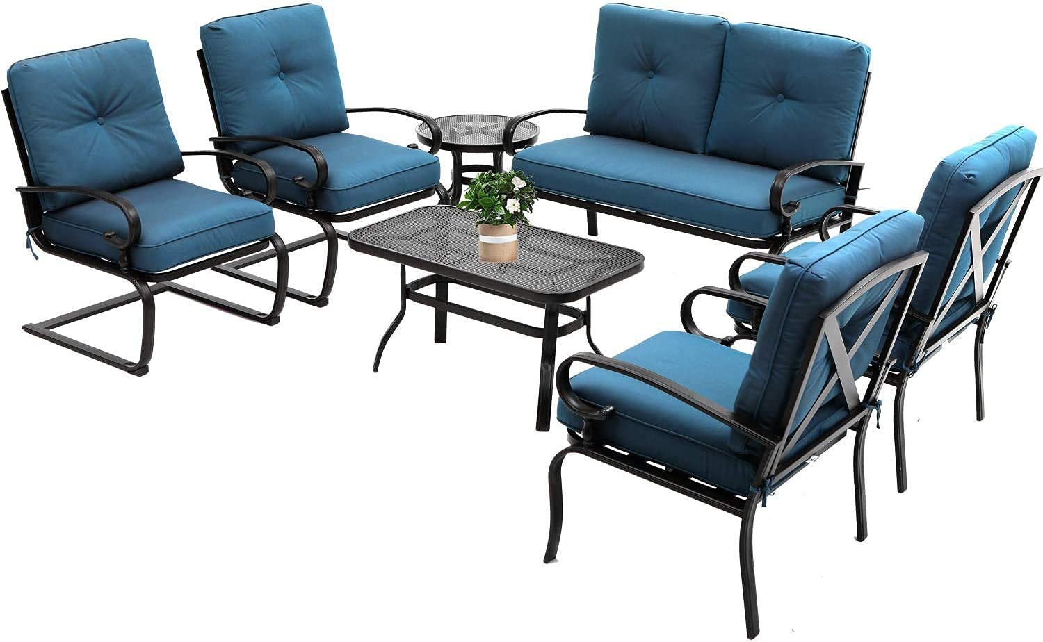 SOLAURA 7-Piece Outdoor Metal Patio Furniture Set - 2 Spring Chairs, 2 Patio Chairs, Loveseat with Coffee Table & Side Table in Peacock Blue - Perfect for Garden, Backyard, Poolside & Outdoor Relaxation