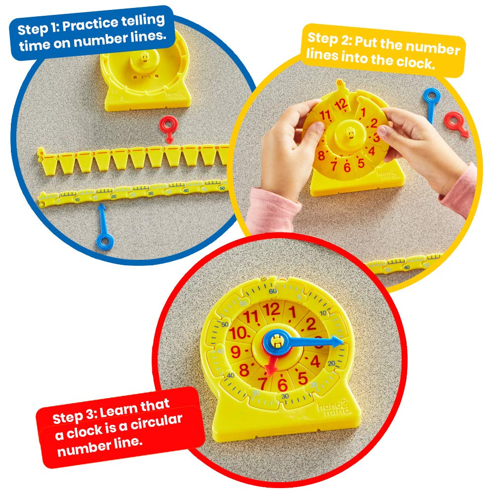 hand2mind NumberLine Clock - Learn to Tell Time Teaching Clock for Kids, Analog Classroom Clock Set of 6 | Math Manipulatives for Elementary Students | Perfect for Homeschool & Classroom Time Telling Practice