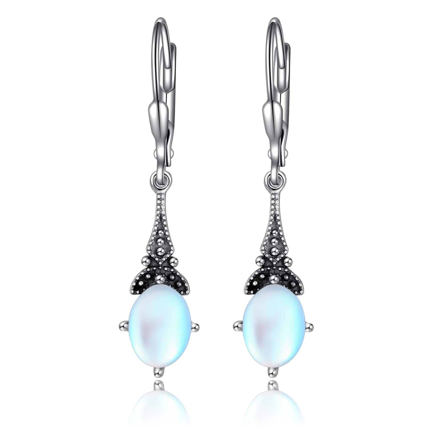 Vintage Sterling Silver Leverback Drop Dangle Earrings for Women - 8x6mm Oval Genuine/Simulated Austrian Birthstone Crystal - Retro Birthday Jewelry Gift for Her | Perfect for Weddings, Parties & Special Occasions
