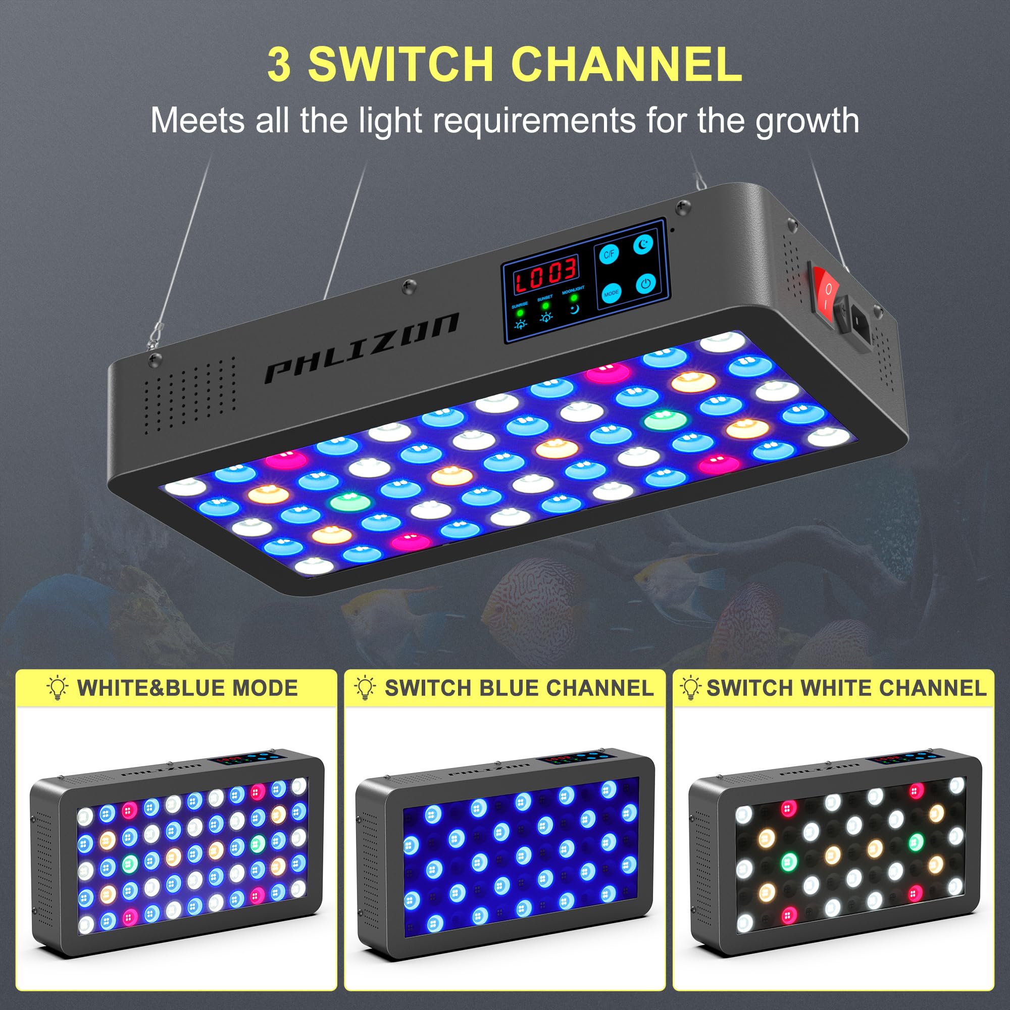 Phlizon 165W Dimmable LED Aquarium Light with Timer & Temperature Monitor - Full Spectrum Fish Tank Light for Coral Reef, Marine Fish, LPS/SPS - Perfect for Saltwater Tanks, Aquatic Plant Growth & Home Aquascaping