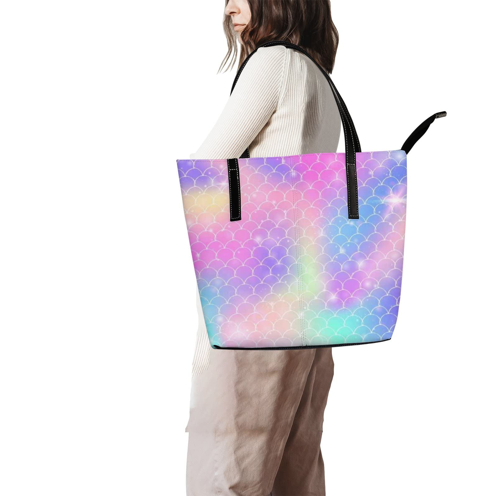 Stylish Mermaid Scale Print Leather Tote Bag for Women - Waterproof Crossbody Work Bag with Zipper - Perfect for Office, Travel & Beach Days