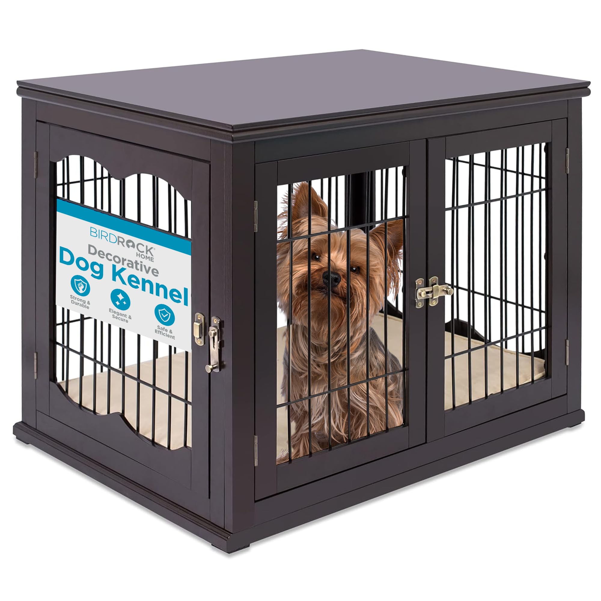 BIRDROCK HOME Small Dog Crate with Pet Bed - Indoor Decorative Dog Kennel, Double Door Design, Engineered Wood & Metal Wire, Furniture-Style House for Small Dogs, Side Table or Nightstand, Espresso - Perfect for Living Room, Bedroom, or Office Pet Space