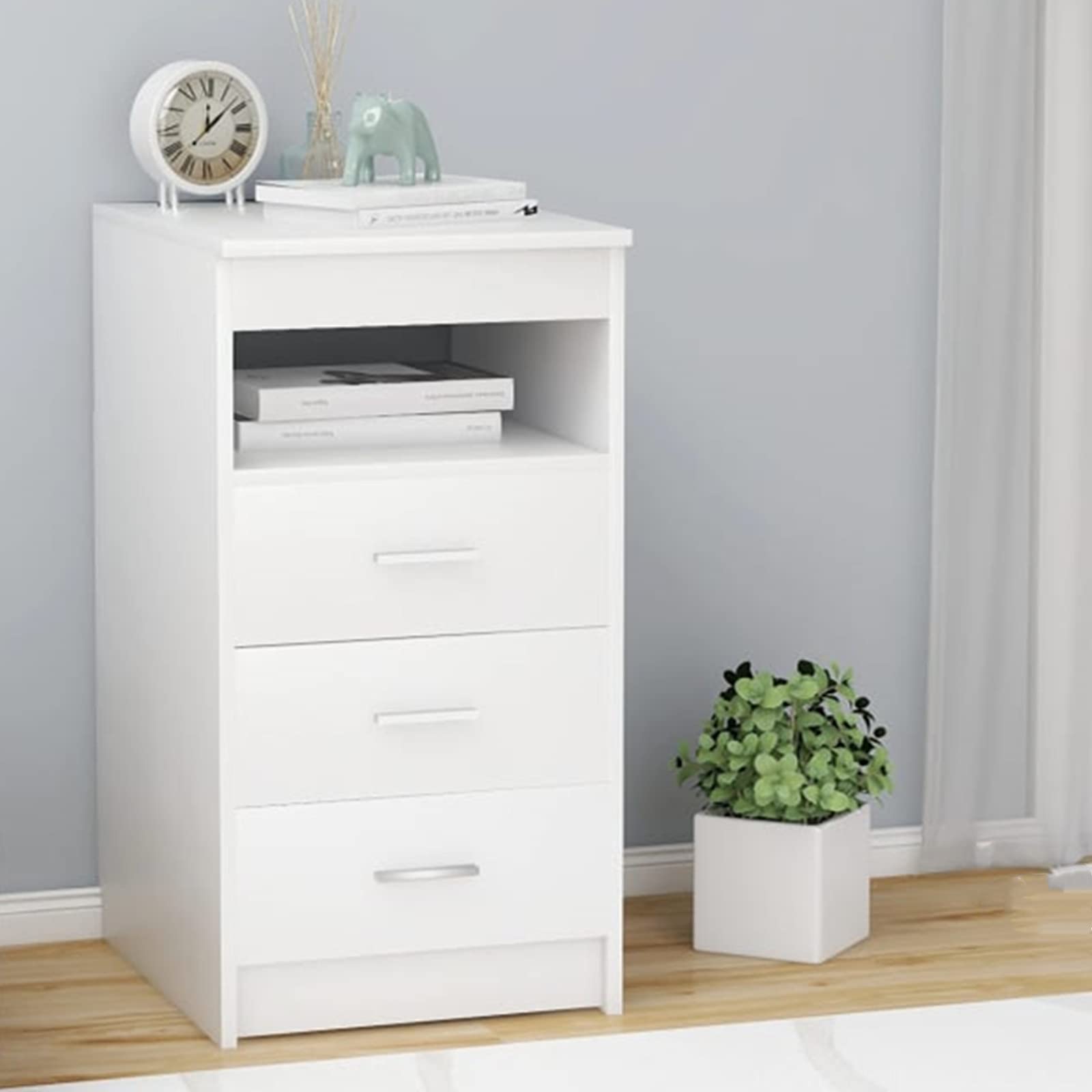 3-Drawer Chest with Open Shelf - White Bedside Table, End Table & File Cabinet for Living Room, Bedroom & Home Office | Perfect for Small Space Storage & Nightstand Use