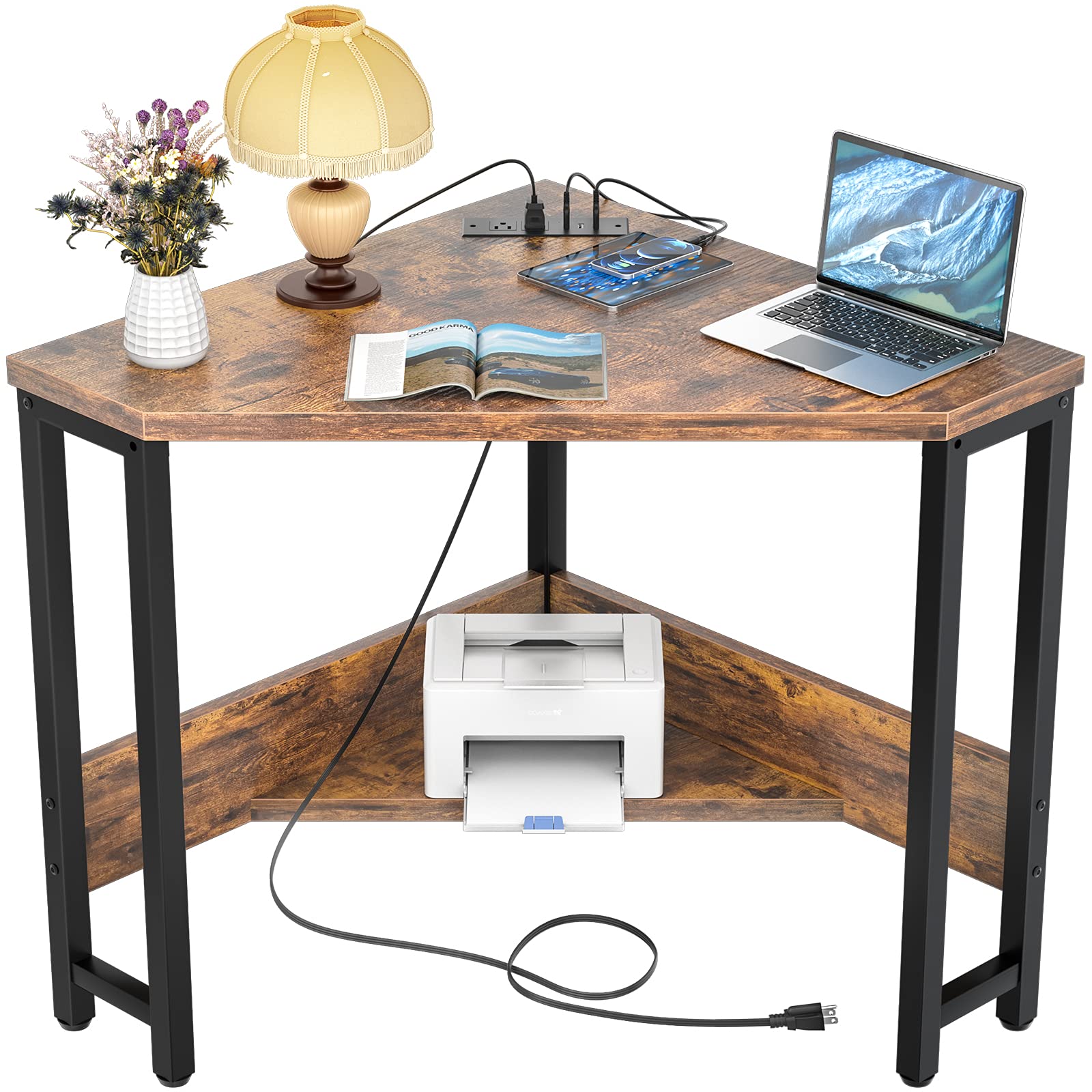 Industrial Corner Desk with USB Ports & Outlets - Small Space Computer Desk with Storage for Home Office, Workstation, Living Room & Bedroom - Rustic Triangle Desk for Compact Spaces & Modern Workspaces