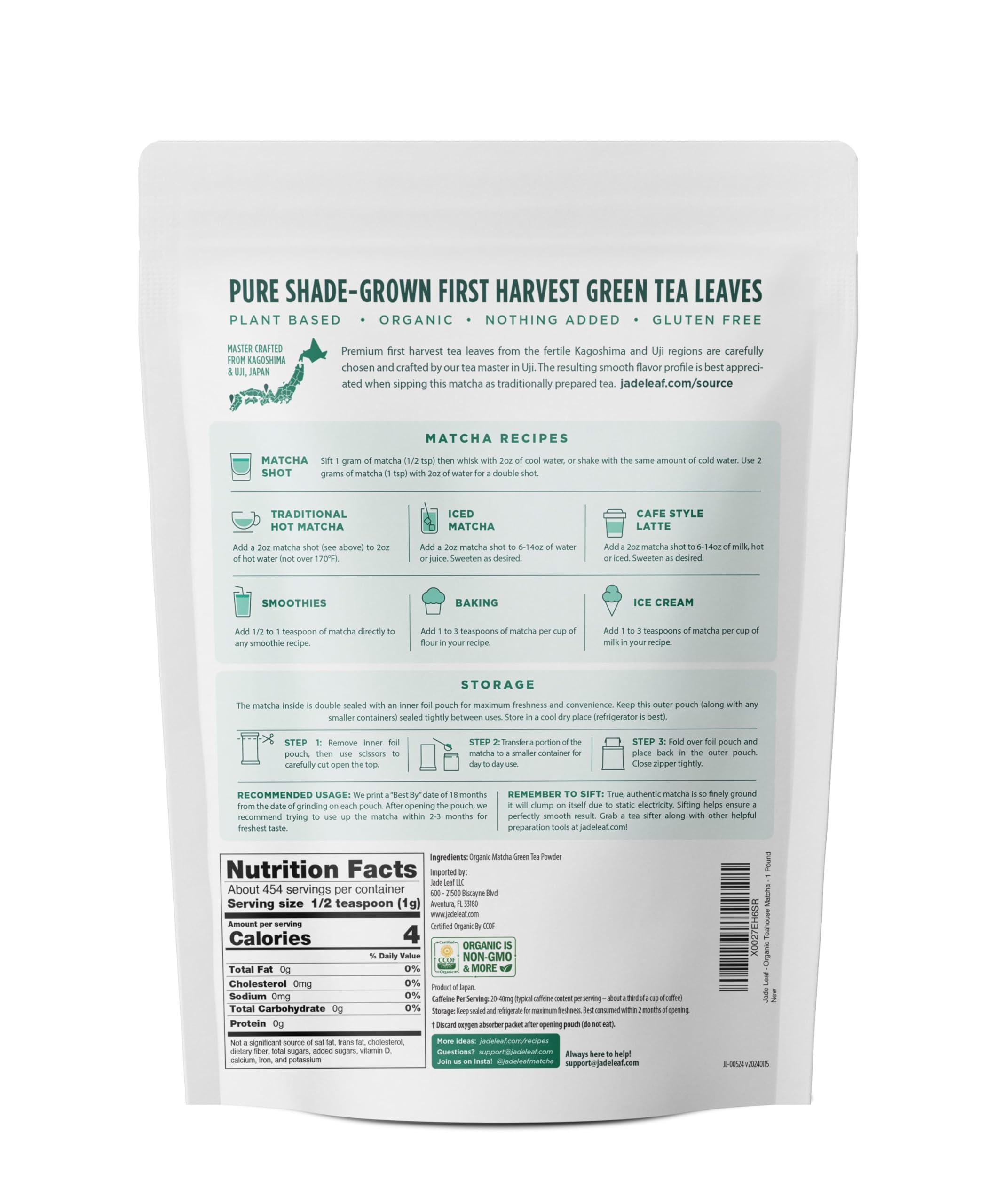 Organic Ceremonial Grade Matcha Green Tea Powder - Premium Japanese Origin, Farm Direct First Harvest - 1 Pound Pouch - Perfect for Tea Ceremonies, Lattes & Baking