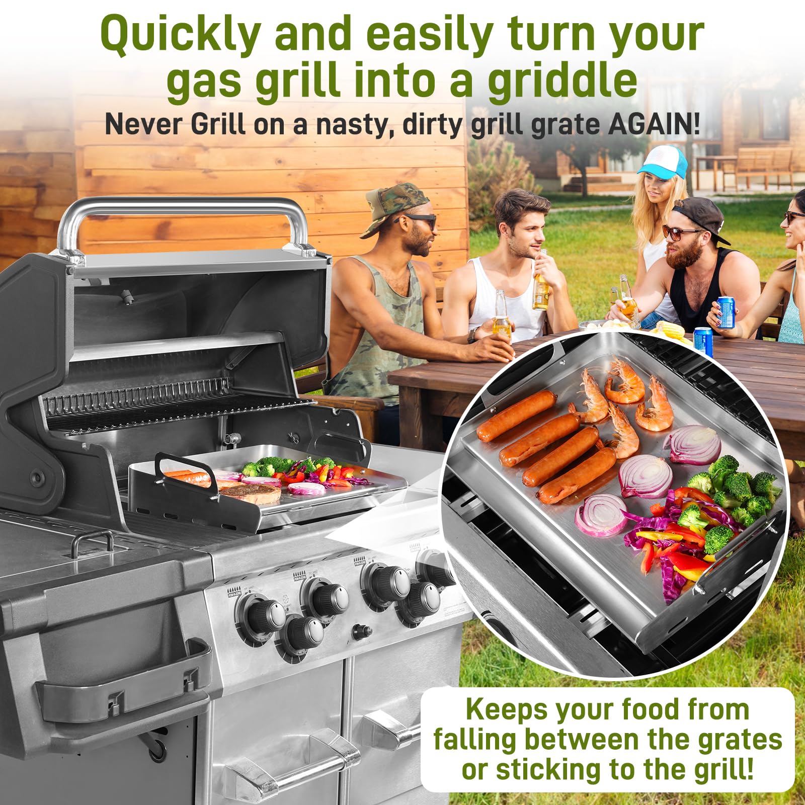 Stainless Steel Griddle for Gas Grill - 17x13 Inch Flat Top Grill with Removable Grease Tray | Perfect for Camping, Tailgating & Outdoor Cooking | Stovetop Griddle for Gas Burners, BBQs & Patio Parties
