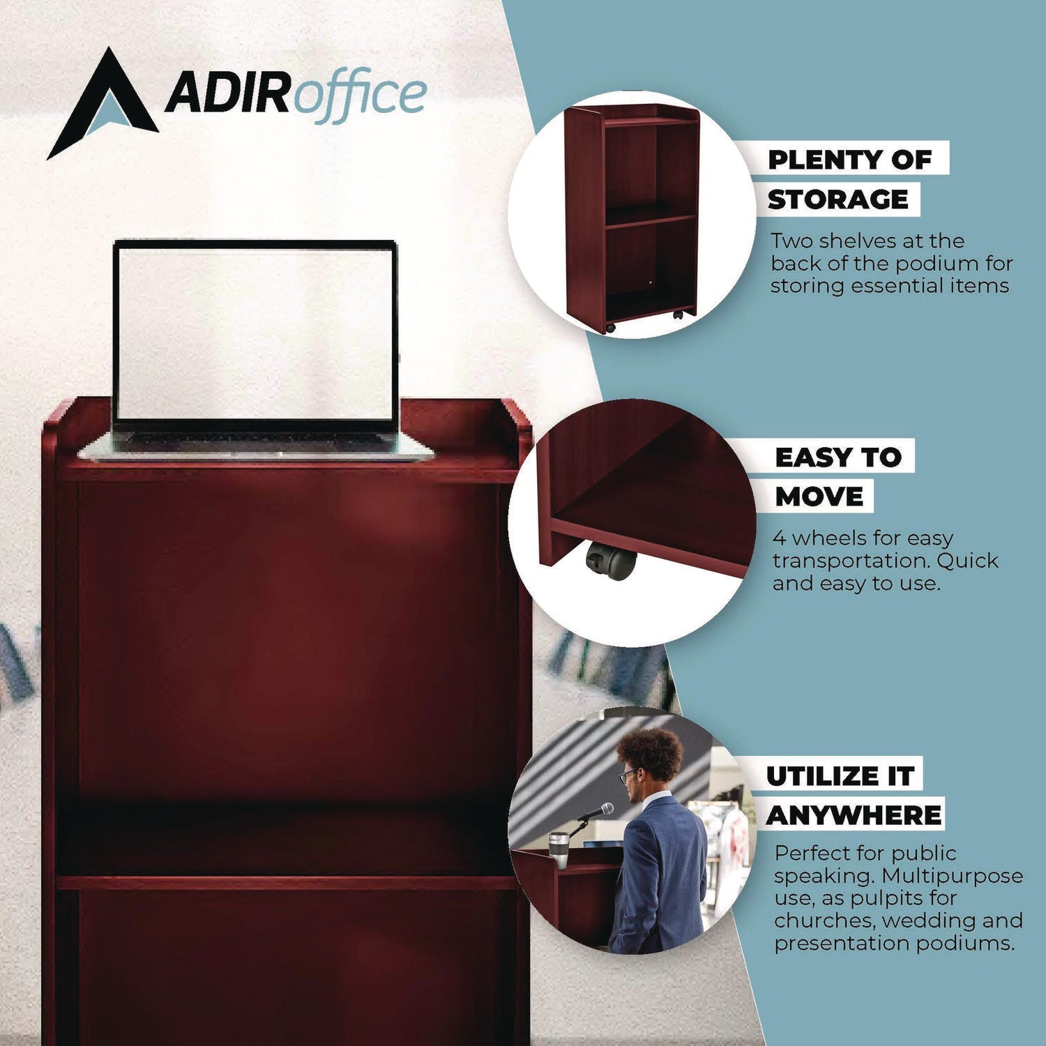AdirOffice Wooden Mobile Lectern Podium with Storage Shelves - 22.44