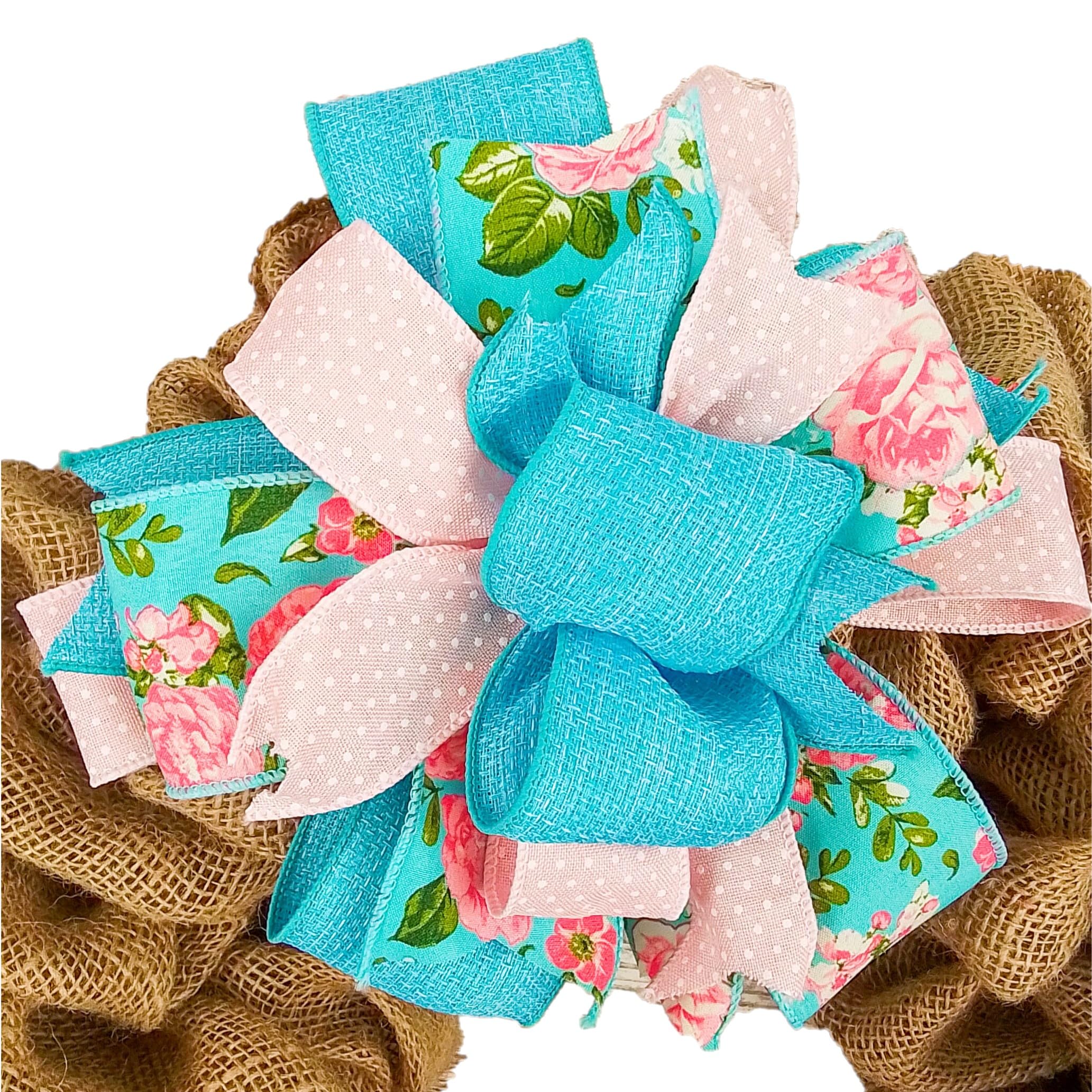 Handmade Burlap Lantern Wreath Bow - Farmhouse Style Decorative Embellishment for DIY Wreaths (Set of 25, Spring Pink/Blue) - Perfect for Front Door Decor, Seasonal Home Decor, and Wedding Decorations