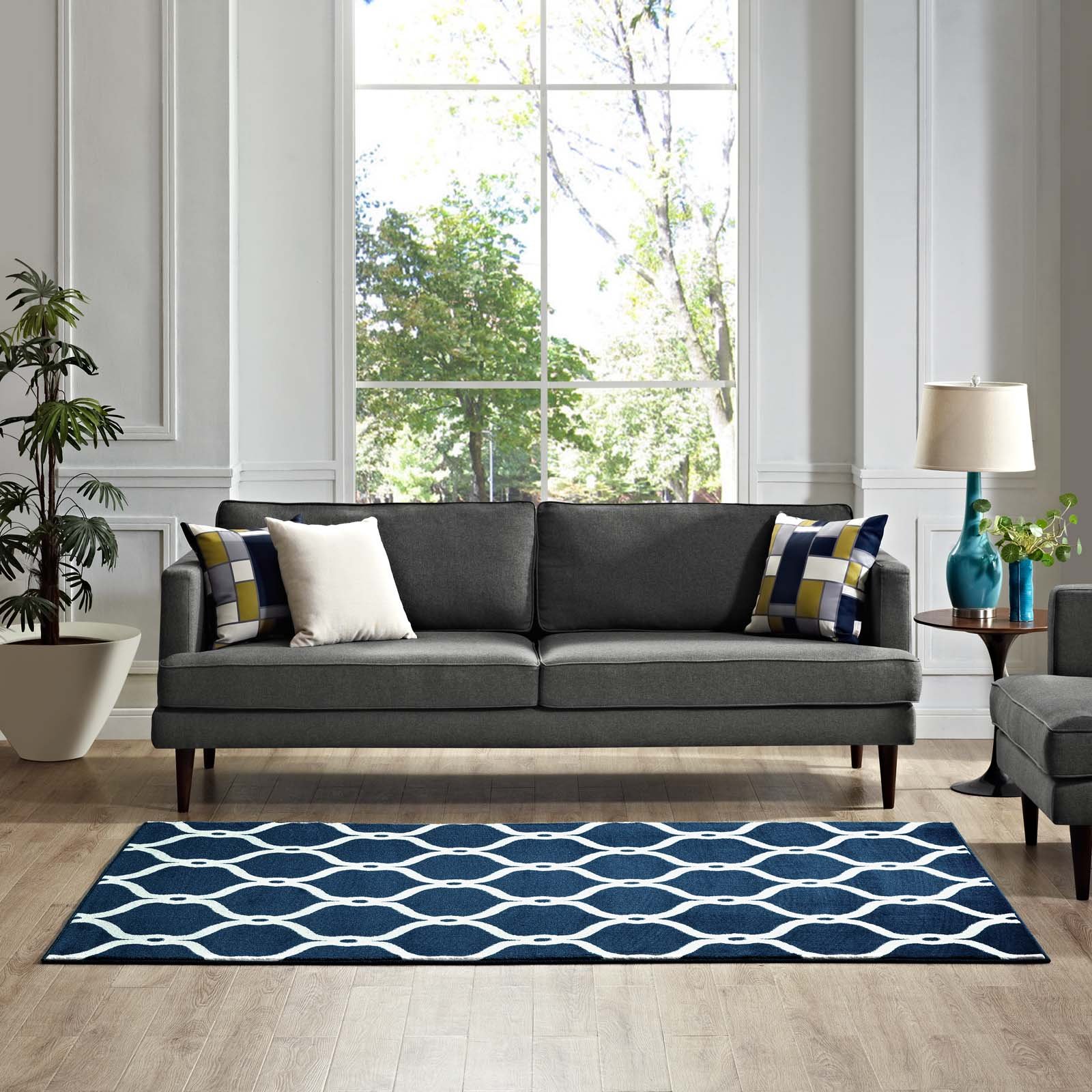 Modern Contemporary Urban Living Room Area Rug - Soft Fabric Floor Carpet Runner in Multi-Tone Navy Blue - Perfect for Lounge, Bedroom & Home Decor
