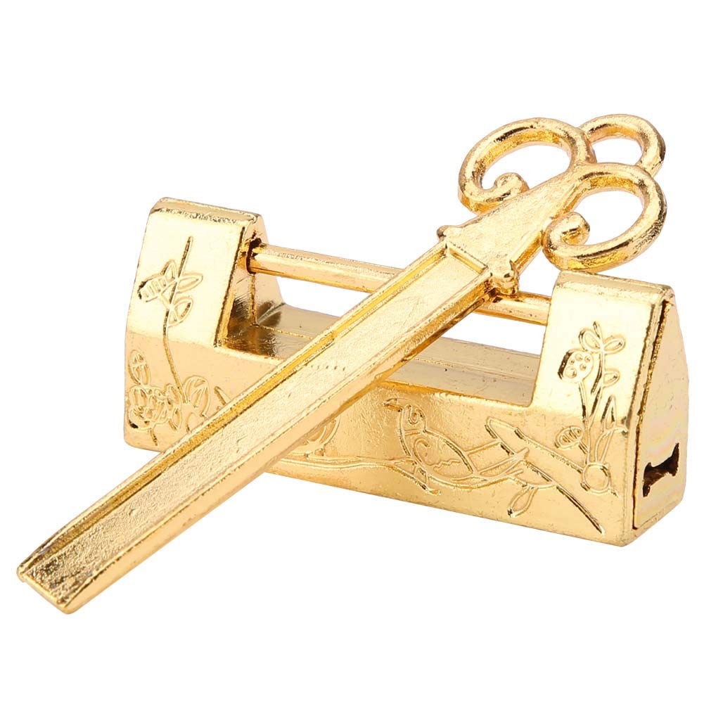 Vintage Chinese Carved Love Lock - Magpie Floral Design Small Padlock with Key for Cabinet, Jewelry Box & Wooden Chest (Gold) | Perfect for Antique Decor, Wedding Gifts & Keepsake Storage