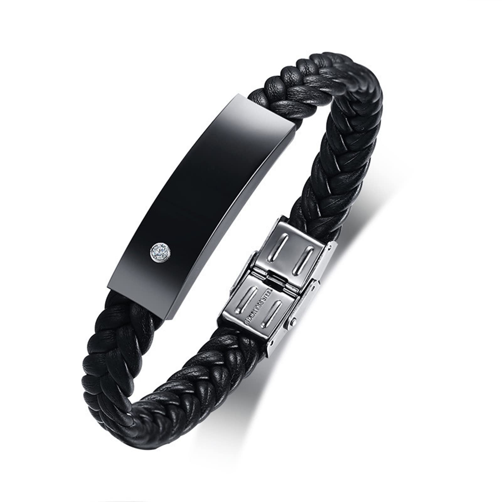 Custom Stainless Steel ID Bracelets for Men & Women - 8.5 Inch Braided Leather Rope Bracelet with Engraved Name Bar - Perfect for Gifts, Medical Alert & Fashion Accessories