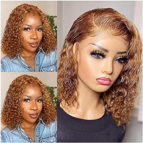 YGQWD Brazilian Virgin Human Hair Lace Front Wig - 12 Inch Short Curly Bob with Baby Hair & Pre-Plucked Hairline for Black Women | Honey Blonde Brown Color 150% Density | Perfect for Daily Wear, Cosplay & Special Occasions