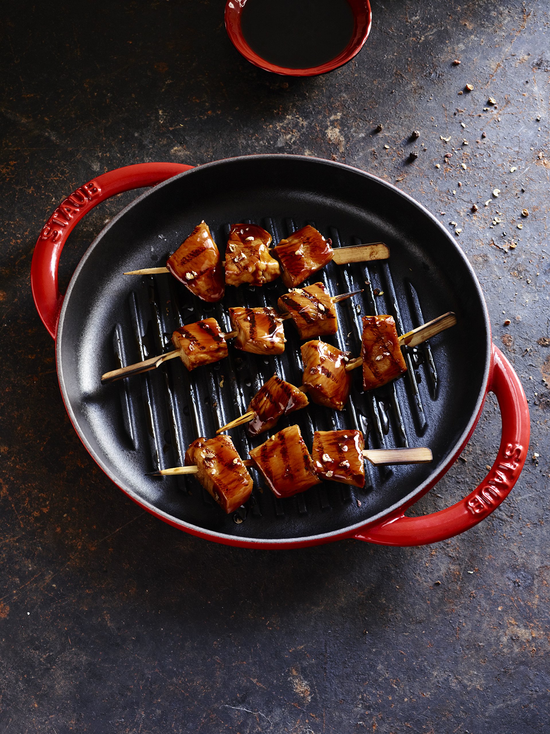 Staub 40510-309 Pure Grill Round Cherry 10.2 Inch (26 cm) Double Handed Cast Iron Enamel Grill Pan - Induction Compatible Grill & Frying Pan for Steak, Vegetables & Outdoor BBQ Cooking