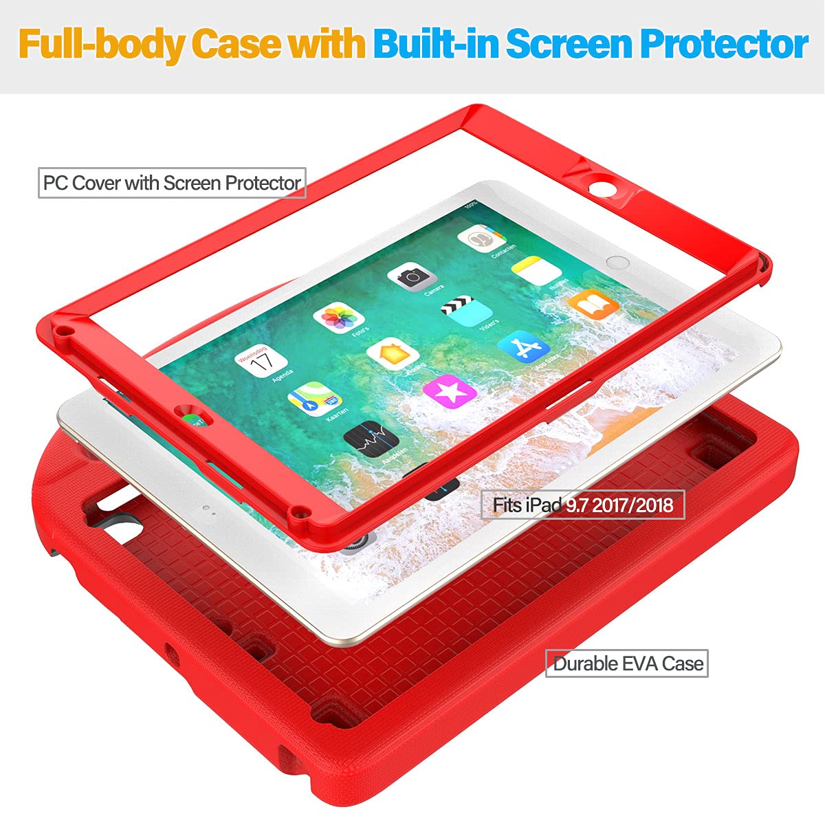 SUPLIK Kids Shockproof Case for iPad 5th/6th Generation (9.7 inch 2017/2018), iPad Air 1/2 & iPad Pro 9.7 - Durable Protective Cover with Handle Stand & Built-in Screen Protector | Perfect for School, Travel & Home Learning (Red)
