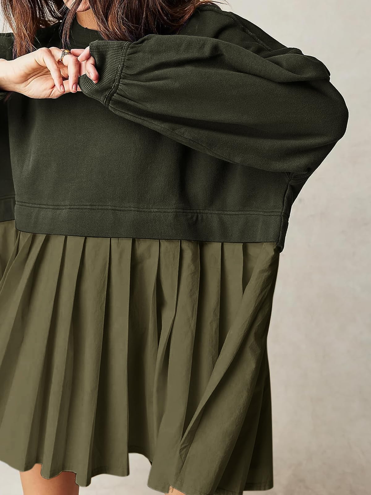 Women's Oversized Patchwork Sweatshirt Dress - Long Sleeve Crew Neck Pullover Mini Dress | Flowy Loungewear for Casual Outings, Coffee Dates & Fall Layering
