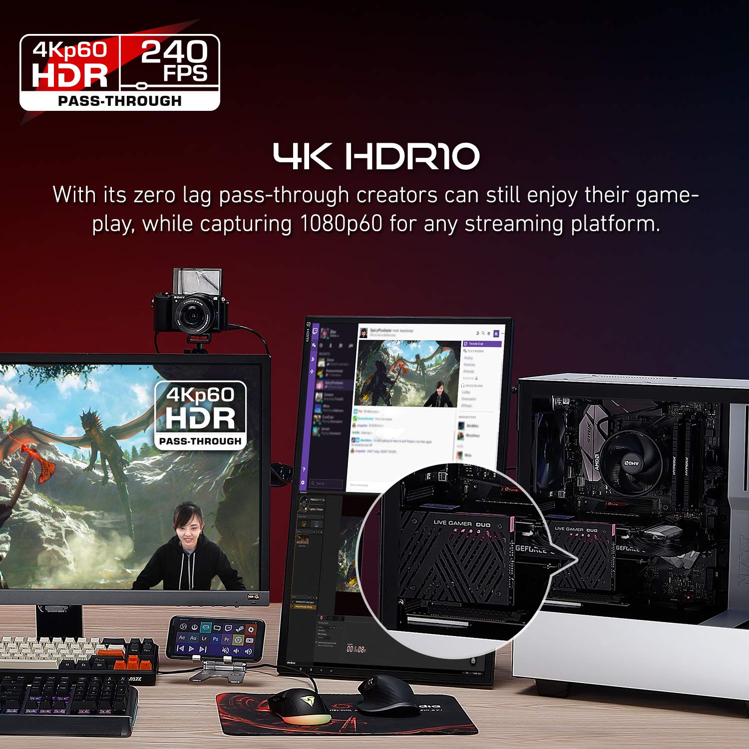 AVerMedia Live Gamer Duo GC570D 4Kp60 HDR-Passthrough PCI-E Capture Card - Ultra Low Latency for Xbox, PlayStation & PC Gaming - Perfect for Live Streaming & Esports Tournaments
